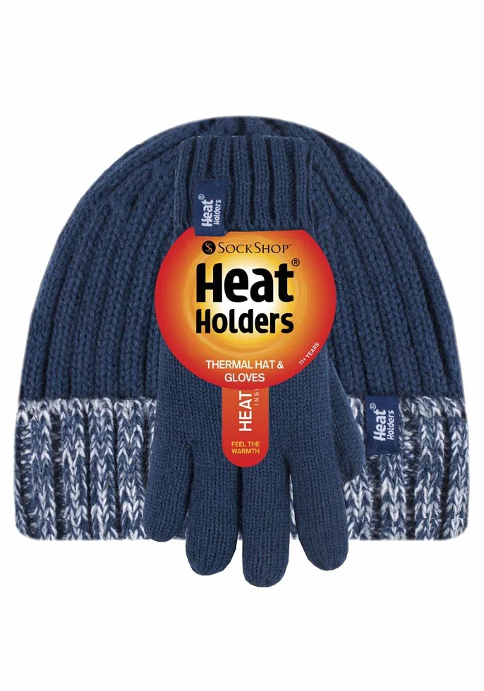 Heat Holders - Dzieci chłopcy zima ciepły polar wyściełany izolowany dzianinowy przewijany mankiet prążkowany zestaw czapka i rękawiczki