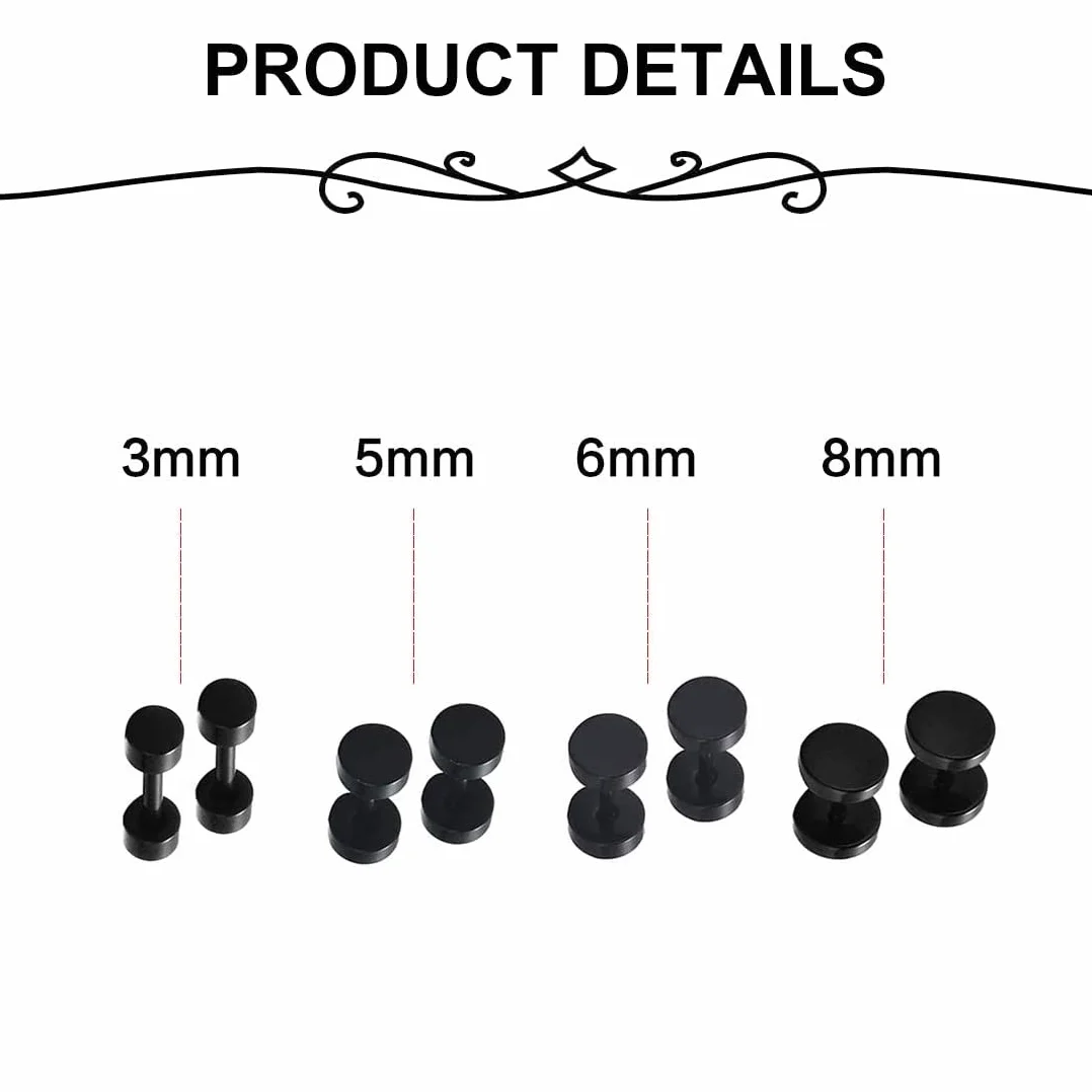 LEEQ 8 par okrągłych kolczyków na sztyfcie dla mężczyzn i kobiet, srebrne, czarne, 3 mm, 5 mm, 6 mm, 8 mm (srebrne, czarne, 3 mm, 5 mm, 6 mm, 8 mm)