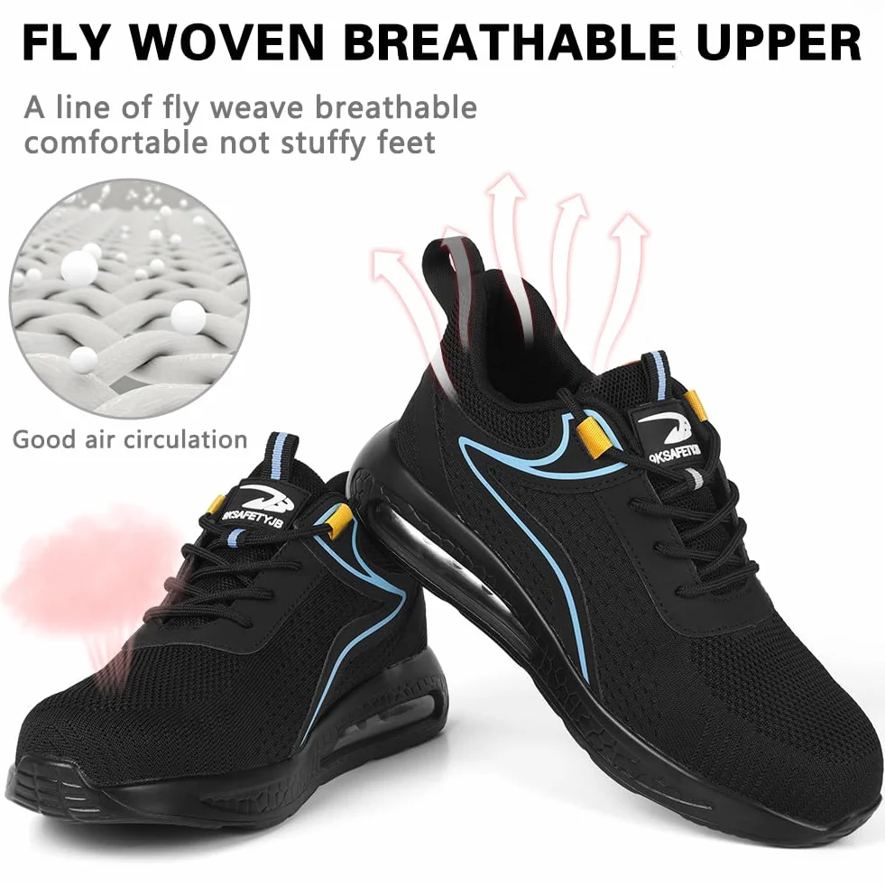 OFFCUP Męskie buty ochronne, buty ochronne, buty robocze ze stalowym noskiem, lekkie, wygodne buty ochronne, buty robocze, trampki przemysłowe, z poduszką powietrzną, czarne