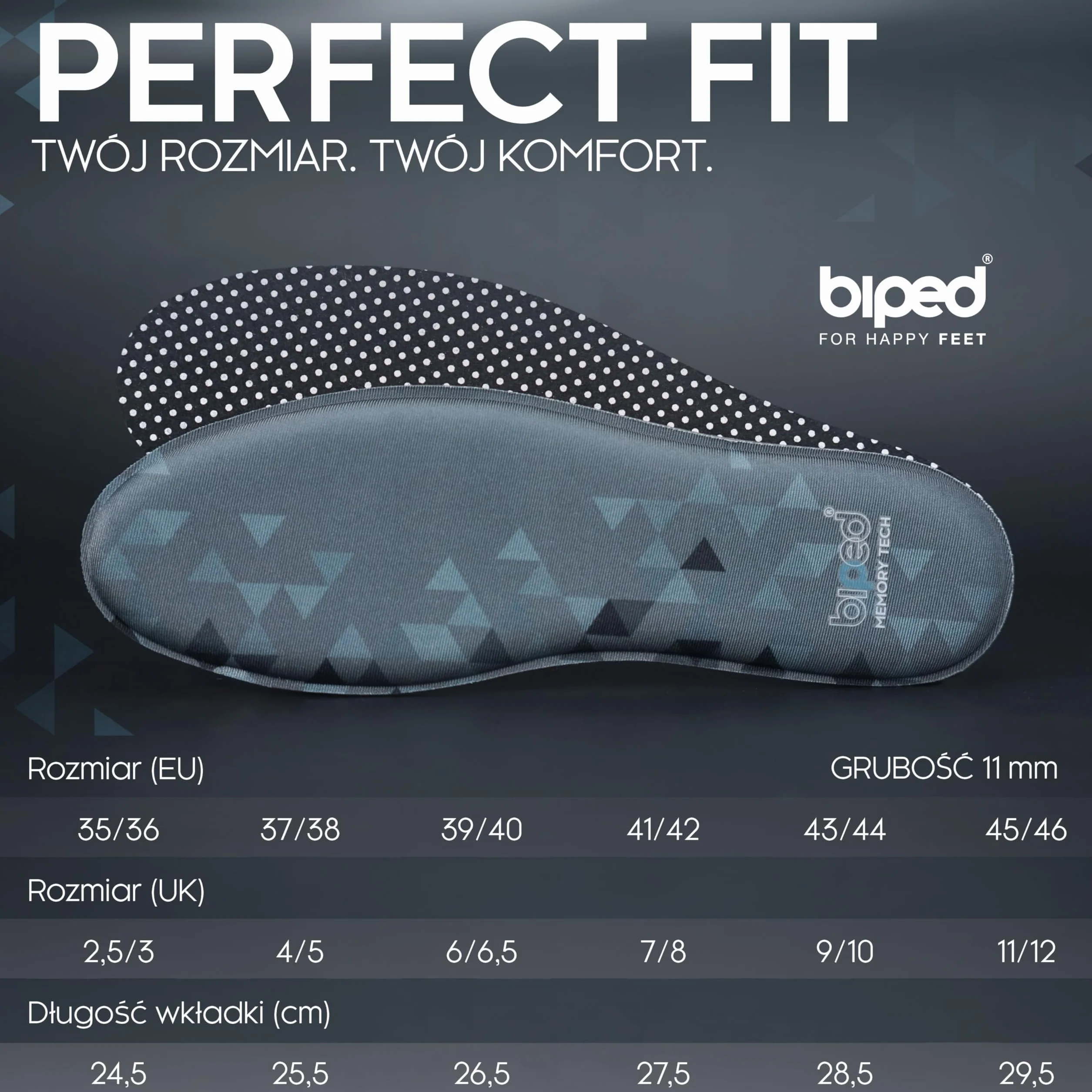 biped MEMORY TECH Wkładki z pianki memory – Miękkie i premium wkładki dla kobiet i mężczyzn – Do butów, trampek i botków – Na co dzień i do sportu z2934(43-44)
