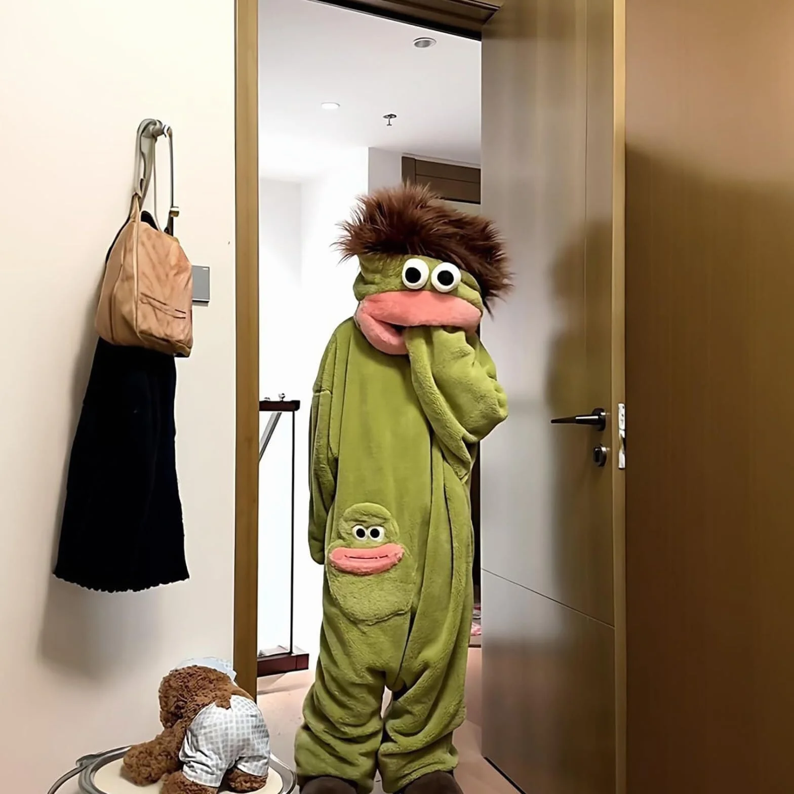 Adult Silly Monster Onesie Pajamas Unisex Big Mouth Goofy Hooded Plush One Piece Loungewear Warm Soft Animal Costume Sleepwear with Hood and Pockets