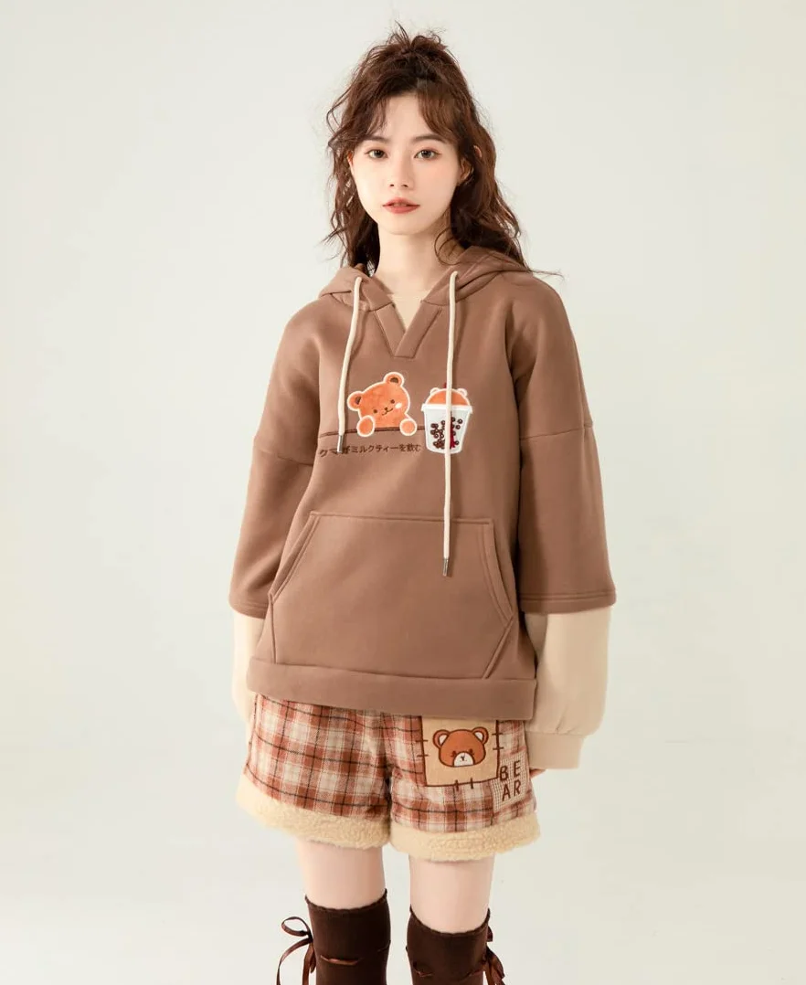 Kawaii bluza z kapturem dla nastolatków, uroczy niedźwiedź, mleko, herbata, łata, haft, pulower, topy z kapturem, dwuczęściowy, aksamitne luźne bluzy z kapturem, Brązowy, Jeden rozmiar