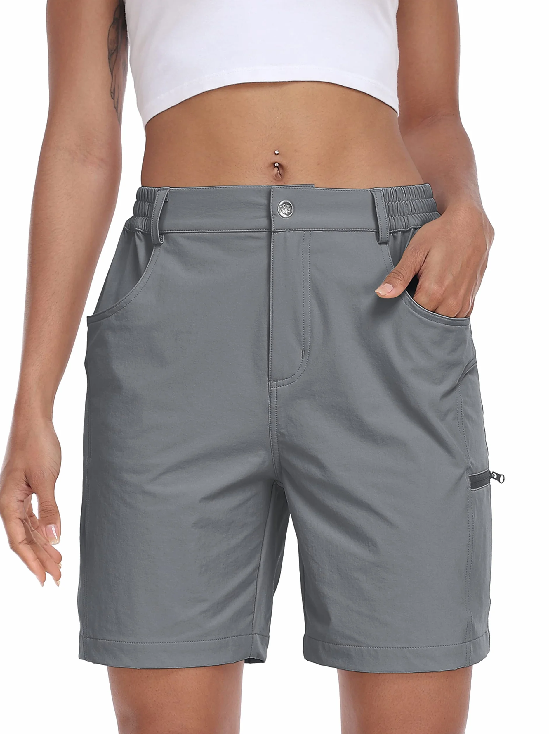 MoFiz Spodenki Cargo Damskie Hiking Shorts Lekkie Elastic Trekking Spodnie robocze Wodoodporny z kieszeniami, Szary, L