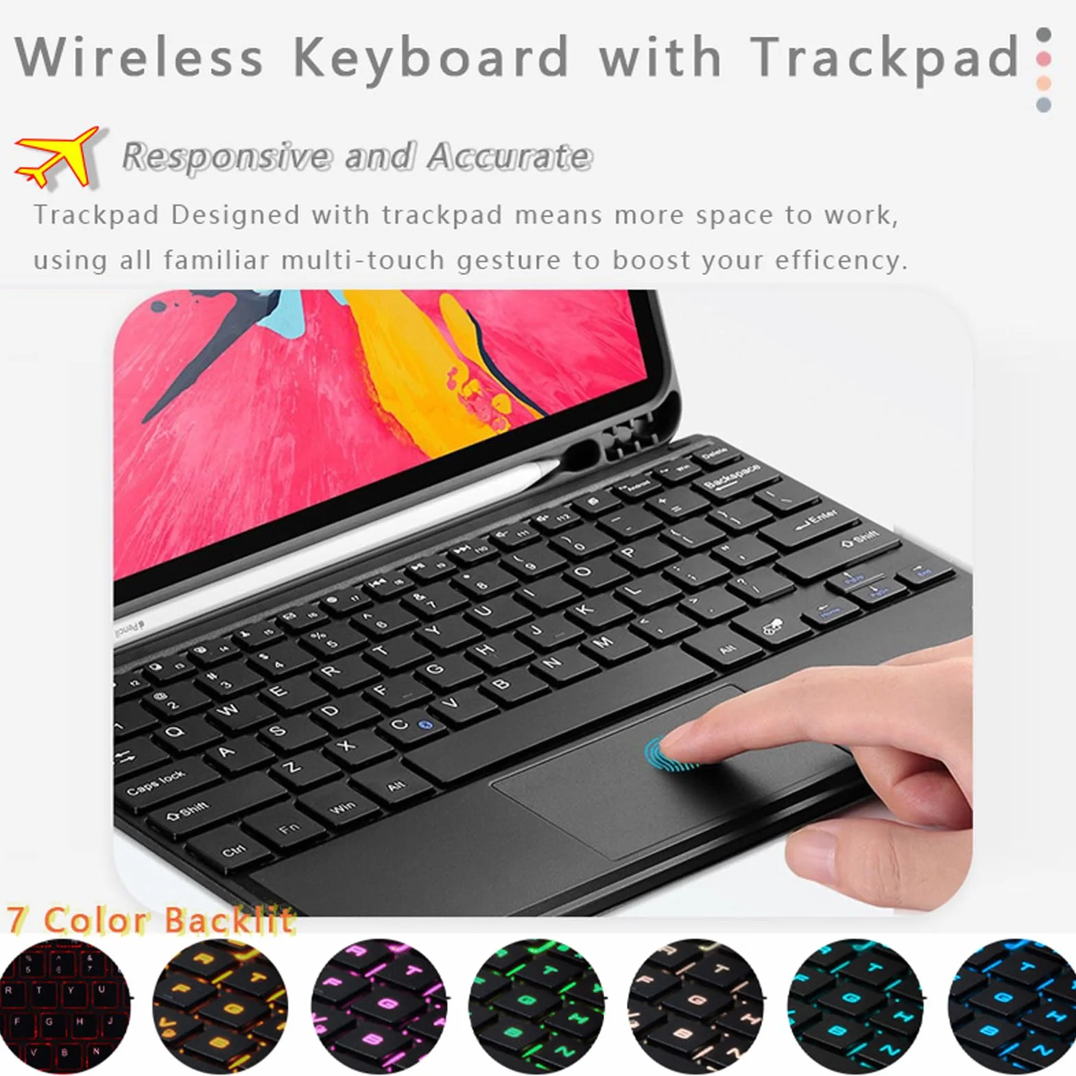Etui na Klawiaturę z Touchpadem i Uchwytem na Rysik do iPad 6. Gen 2018, iPad 5. Gen 2017, iPad Pro 9,7", iPad Air 2 i 1, Klawiatura QWERTY z Podświetlana 7 Kolorów, Ciemnoniebieski Z Touchpadem