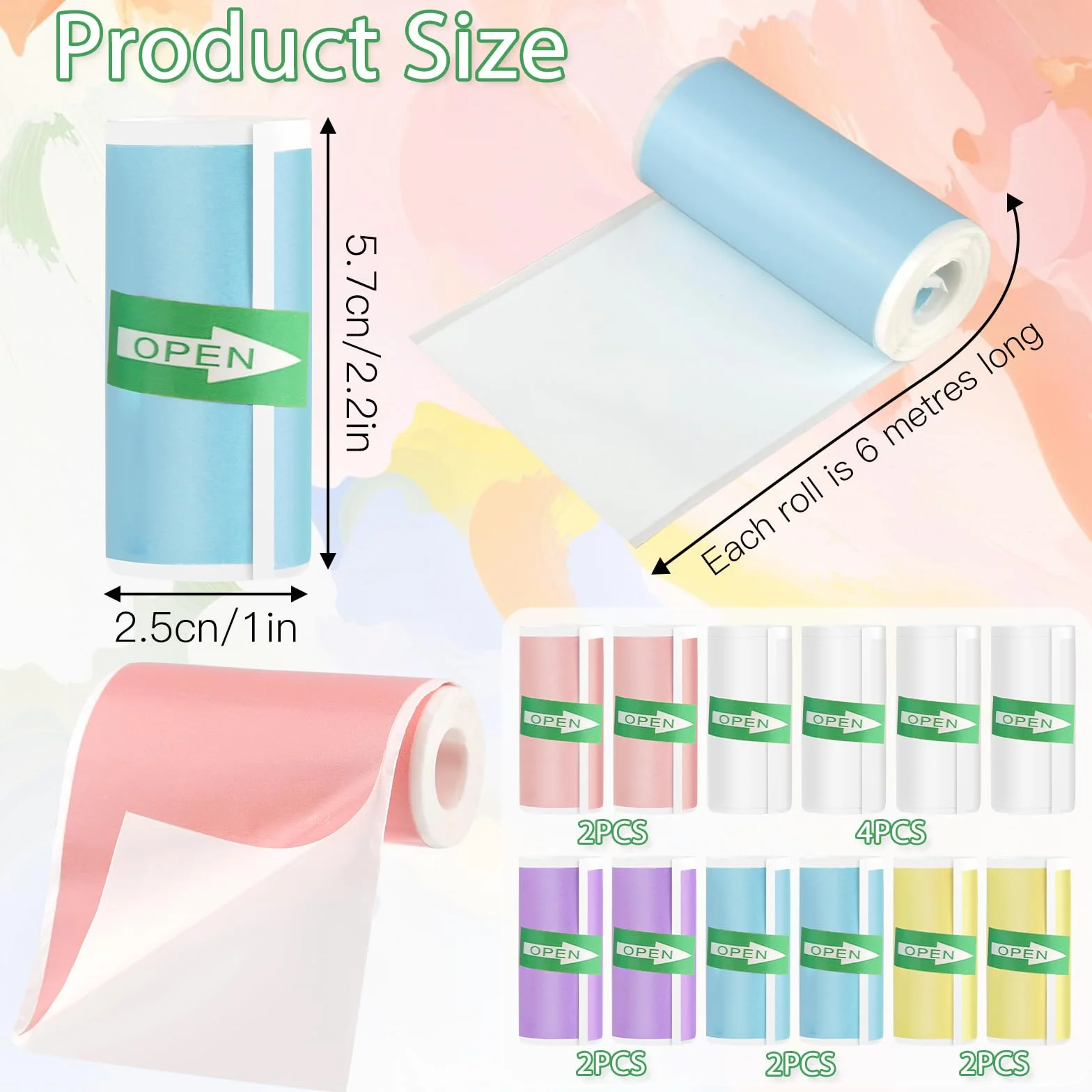 12 rolek papieru termicznego samoprzylepnego, 5 kolorowych mini drukarek naklejkowych, 57 x 25 mm papier termiczny do dziecięcych aparatów do natychmiastowego drukowania i mobilnego druku zdjęć