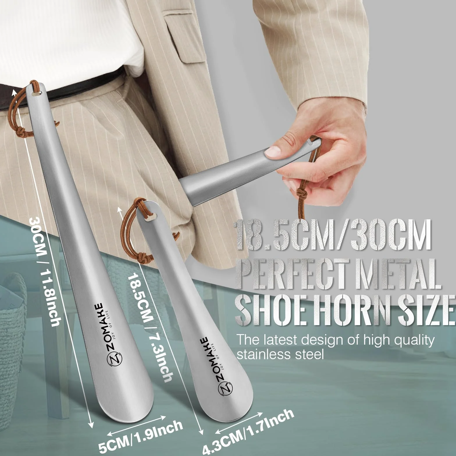 ZOMAKE Łyżka Do Butów Metalowy 2Szt,Długa Łyżka Do Butów Ze Stali Nierdzewnej 30 cm Z Liną - 18.5 cm Stabilna Łyżka Do Butów Mała Z Liną Dla Seniorów Mężczyzn Kobiet