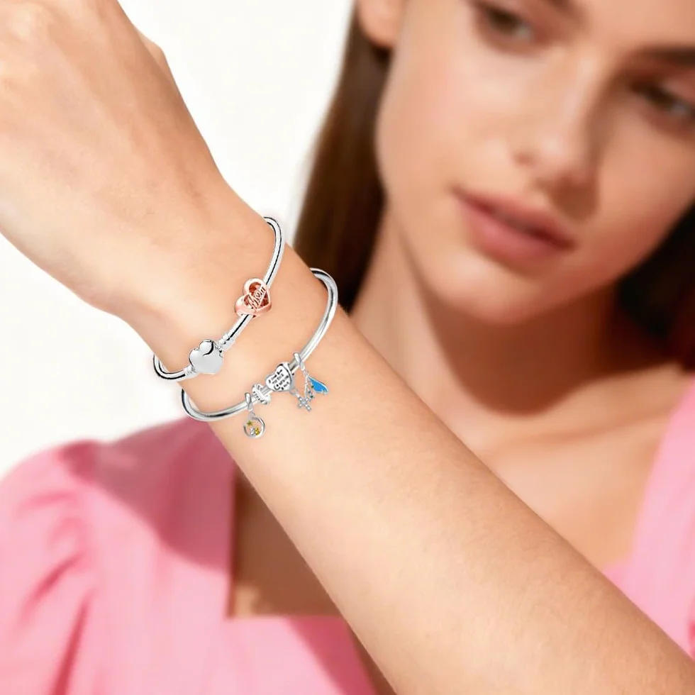 Damska bransoletka charms z okrągłym zapięciem w kolorze różowego złota – bransoletka z zawieszkami ze srebra wysokiej próby 925 – z zawieszką w kształcie charmsów
