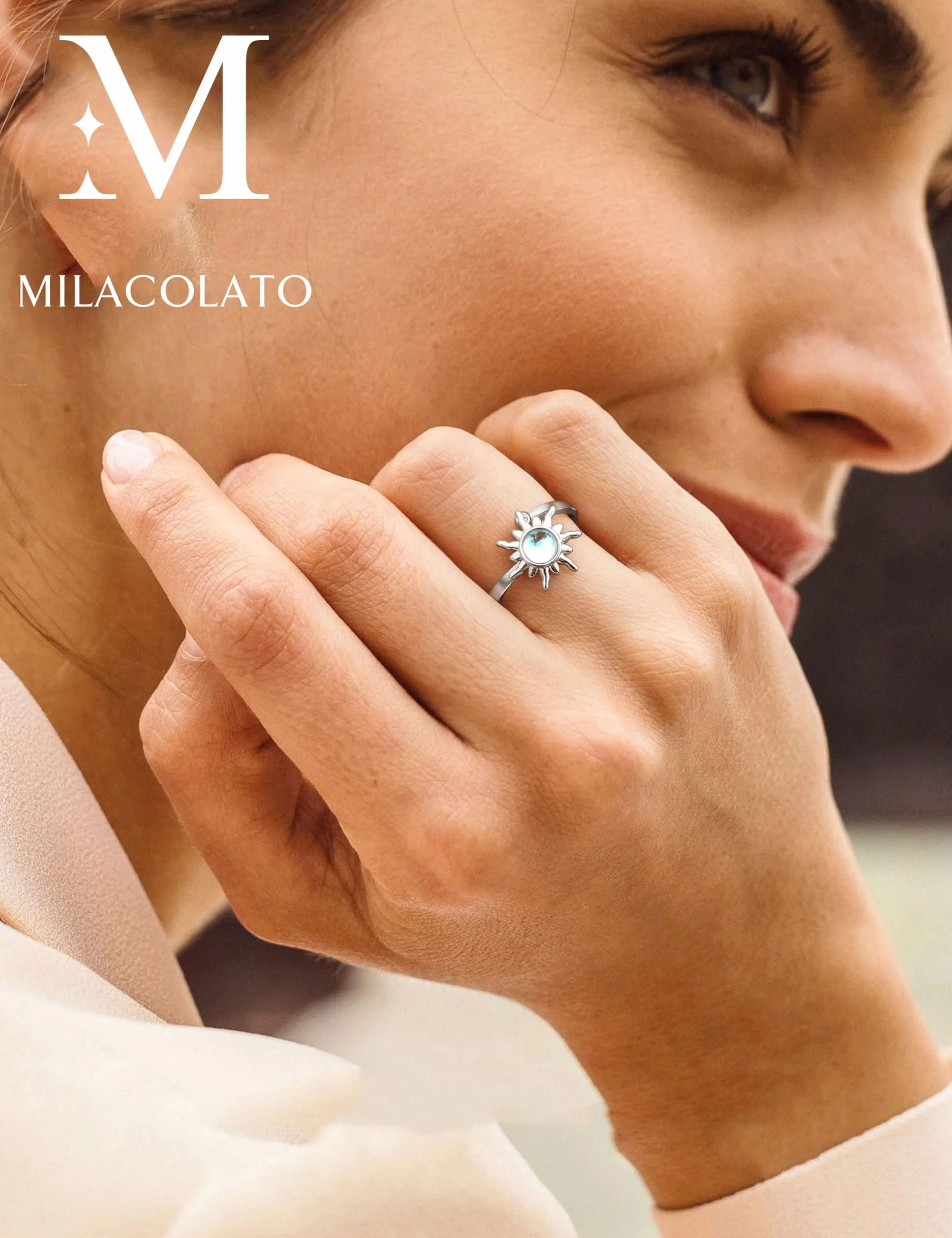 MILACOLATO Fidget pierścionek dla kobiet, dzieci, dziewcząt, pierścienie lękowe, otwarte, regulowane, srebrny, słonecznik, opal, kamień księżycowy, gwiazda, księżyc, śnieg, lotos, spinner, nastrojowe