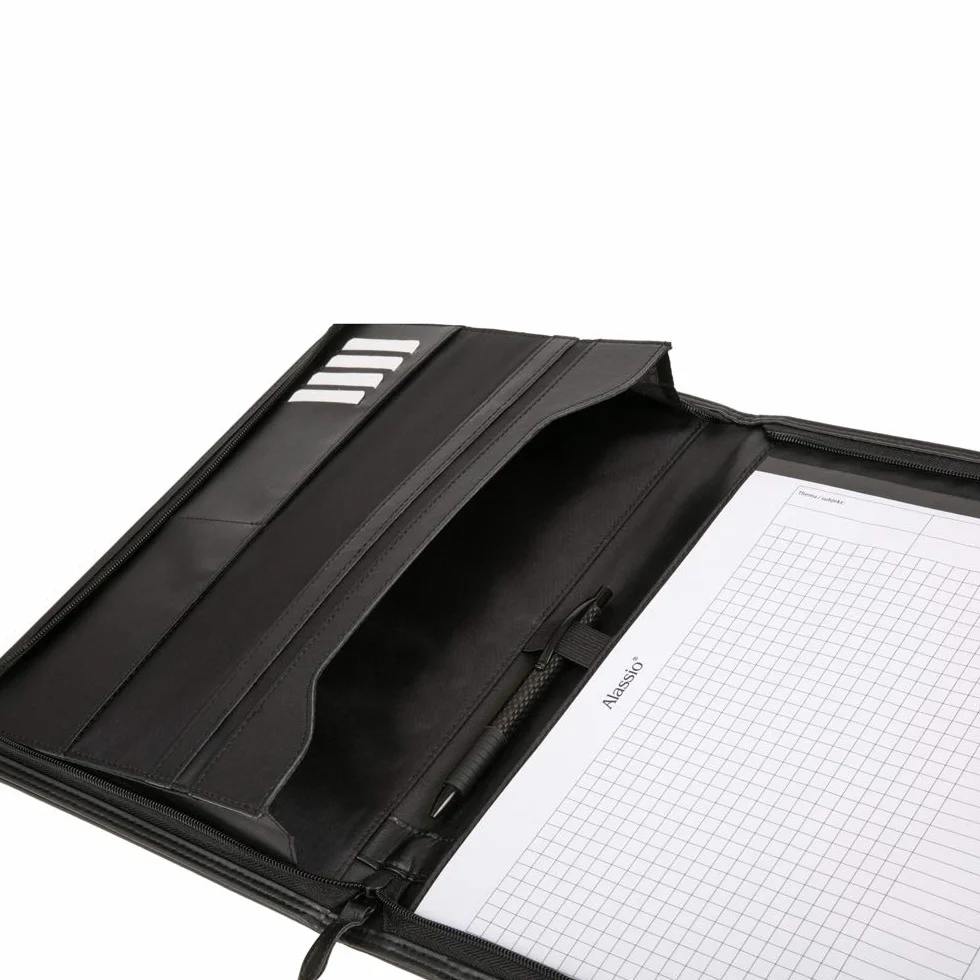 Alassio 30067 - teczka z zamkiem błyskawicznym DIN A4 LORENZO, teczka konferencyjna w kolorze czarnym teczka do organizacji ok. 34 x 25 cm, teczka konferencyjna z blokiem, przegródkami, szlufką na długopis i 4 przegródki na wizytówki