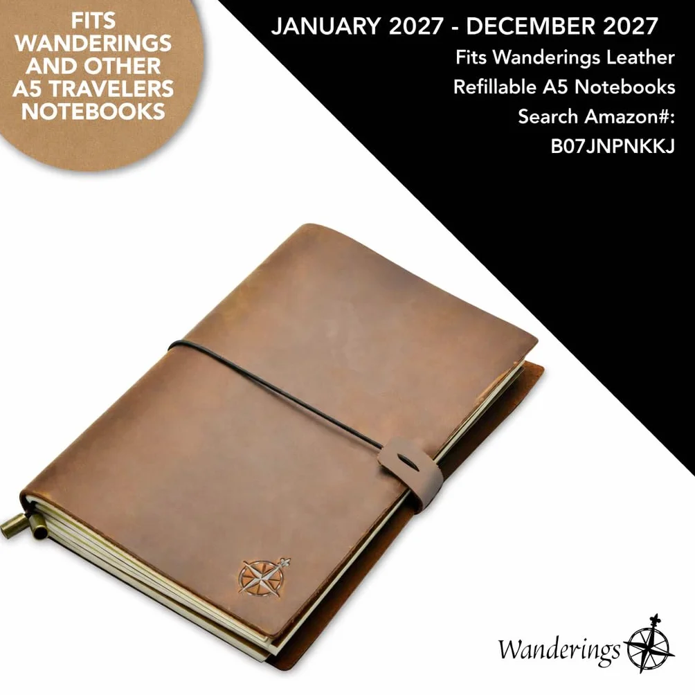 Wanderings Wkłady Uzupełniające do Kalendarza A5 Traveler's Notebook, 5,8 x 8,4 (14,2 x 21 cm), Stycznia 2027 -Grudnia 2027, Wkłady do Planera Skórzanych Dzienników Podróżnych, Pamiętników I Plannerów