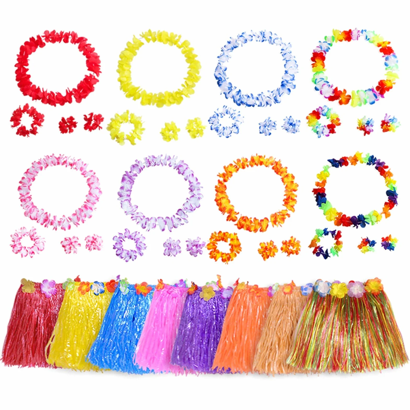 40 szt. hawajskich fantazyjnych sukienek z 8 szt. hawajskiej spódnicy Leis, 8 szt. 40 cm spódnica z trawy hula, 8 szt. opasek na głowę i 16 szt. opasek na nadgarstek, hawajska spódnica kostiumowa dla