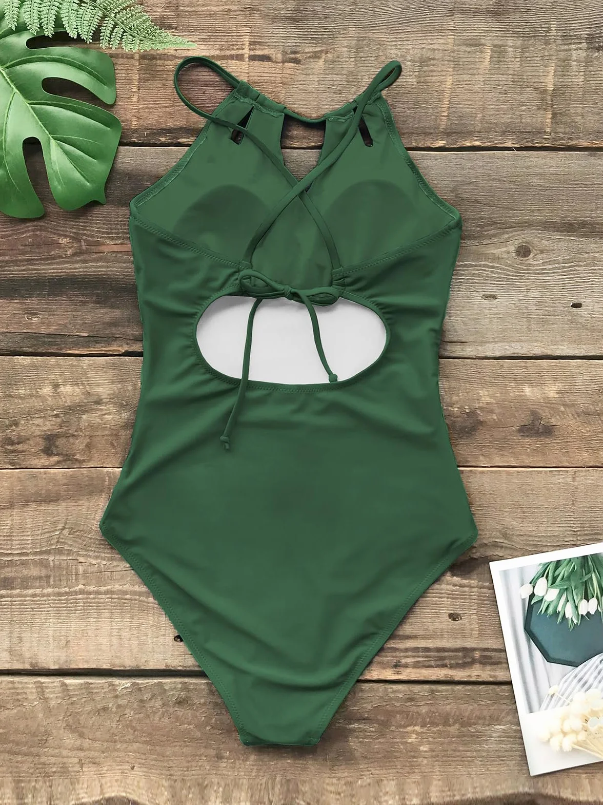 CUPSHE Damski kostium kąpielowy z ozdobnymi wycięciami, marszczony, wyszczuplający brzuch, moda plażowa, zabudowany dekolt, jednoczęściowy strój kąpielowy