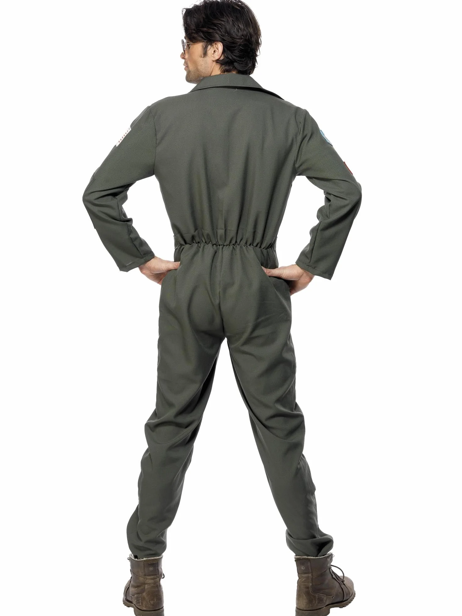 Smiffys 26287L męski kostium Top Gun, kombinezon, tabliczka z nazwiskiem i okulary przeciwsłoneczne, zielony, rozmiar: L, 36287