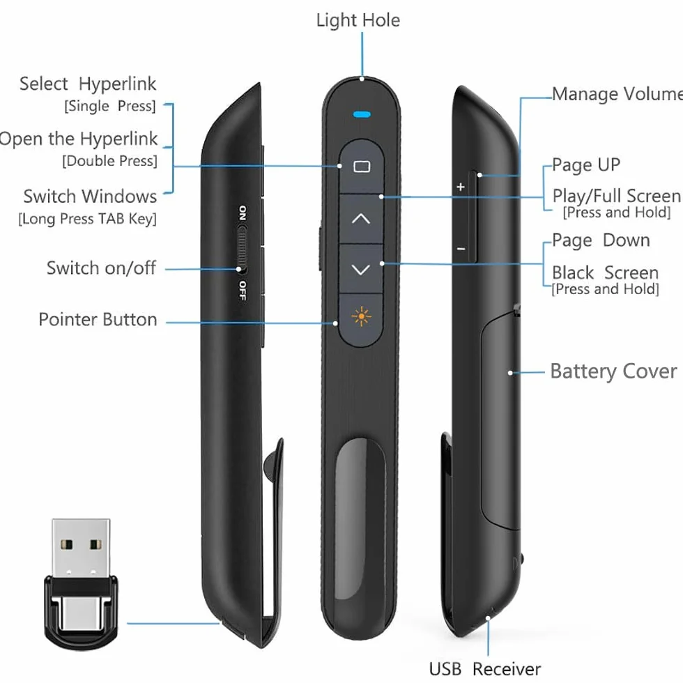 2 w 1 USB typu C Presentation Clicker do pilota PowerPoint, bezprzewodowy wskaźnik prezentacji hiperłącza, prezentacja USB, pilot zdalnego sterowania PPT, do komputera, laptopa, Mac