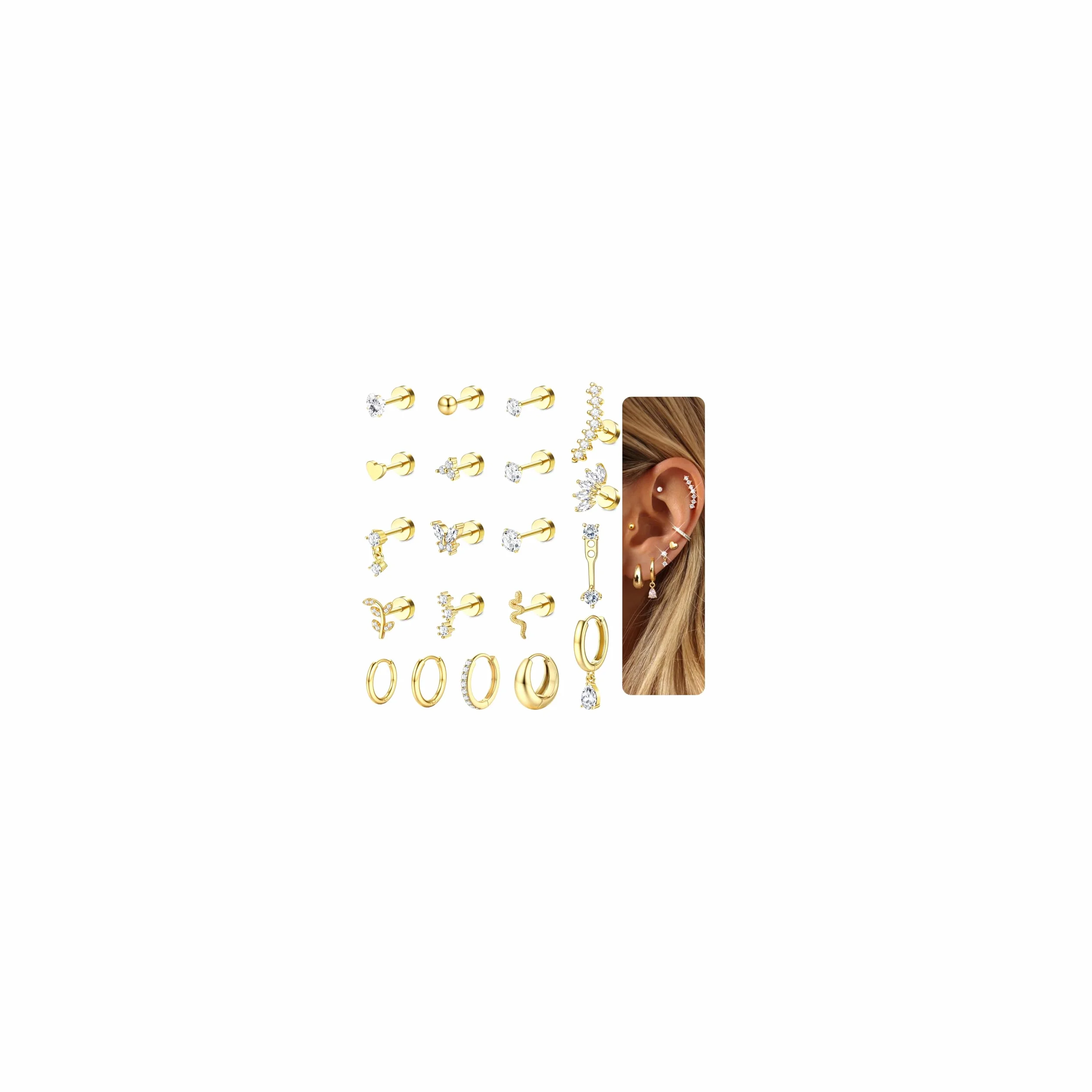 LOLIAS 20 szt. Helix Piercing biżuteria stal chirurgiczna tragus kolczyk płaski tył kolczyki dla kobiet piercing ucha Helix Stud Hoop kolczyki chrząstki kolczyki srebrne złote muszle stokrotka tragus
