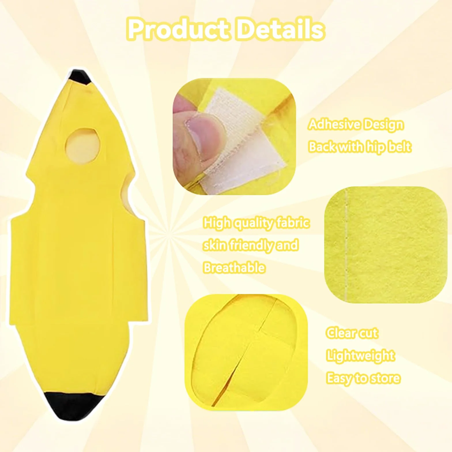 Kostium bananowy, lekki i wygodny kostium banana, zabawny kostium owocowy, rozmiar uniwersalny, łatwy do zakładania i zdejmowania, nadaje się na Halloween, karnawał, imprezę Cosplay