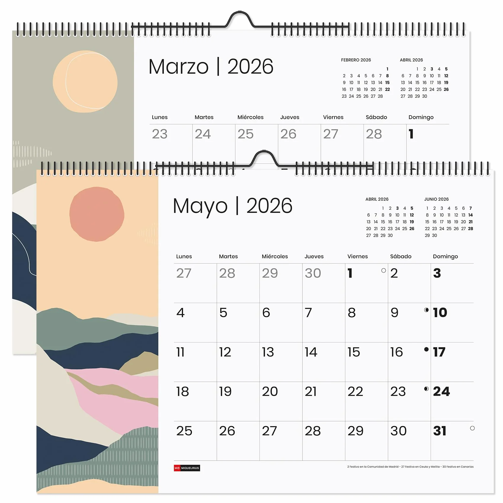 Miquelrius - Kalendarz ścienny 2026, organizer roczny A3: 420 x 296 mm, z miejscem do zapisywania, podwójna spiralna oprawa, planer na 12 miesięcy, hiszpański, góry