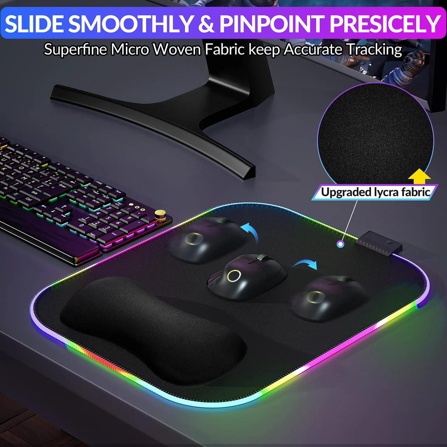 Gimars Myszka z Podpórki pod nadgarstek, 30 x 25 cm, Ergonomiczna Gamingowa Podkładka z 10 Trybami LED, Antypoślizgową Podstawą, Tkanina Lycra. RGB Oświetlenie, Wspomaganie Łokcia