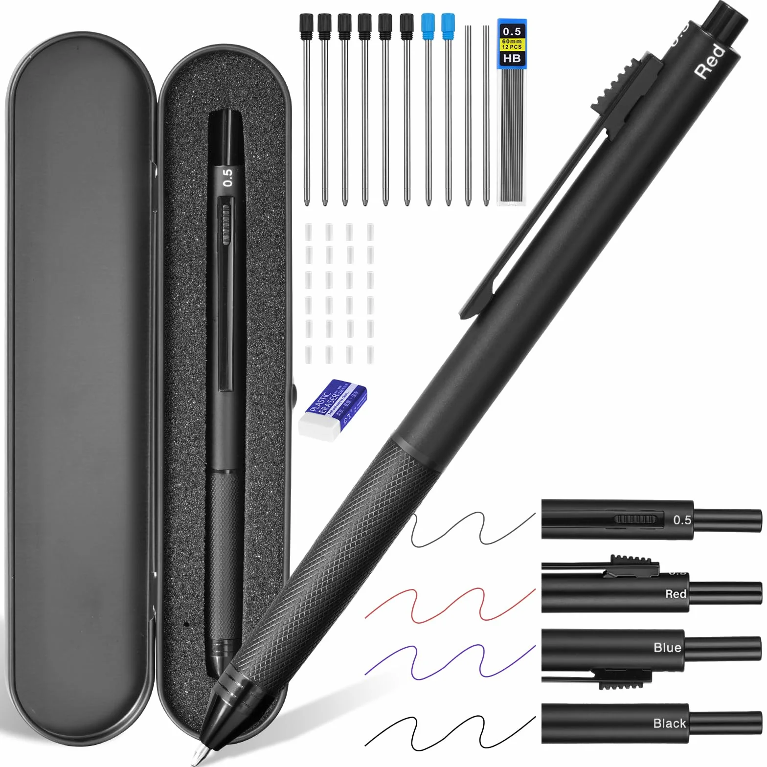 AUAUY Wielokolorowy długopis 4 w 1, wielofunkcyjny z metalową obudową, czujnikiem grawitacyjnym, 3-kolorowy 0,5 mm i ołówek mechaniczny 0,5 mm, 38 szt.