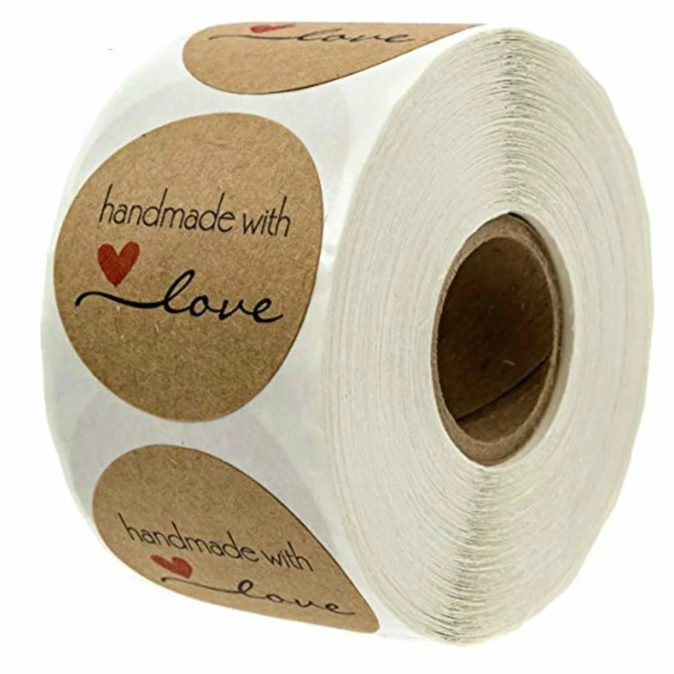 500 sztuk naklejek z papieru typu kraft, okrągłe naklejki, ręcznie wykonane z miłością, do pieczenia, torebek prezentowych, kopert ślubnych
