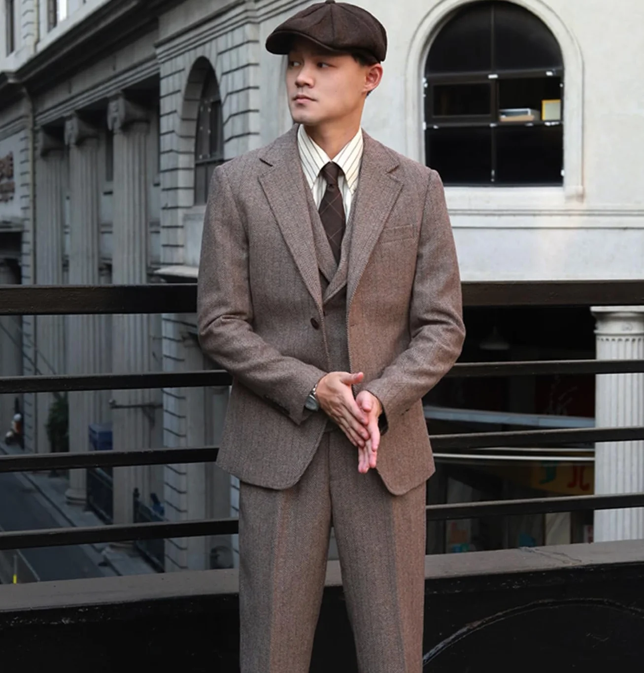 Tuikayoo Męski garnitur formalny tweed wełna w jodełkę, 3 sztuki, na wesele, slim fit, strój na studniówkę, smokingi dla świadków