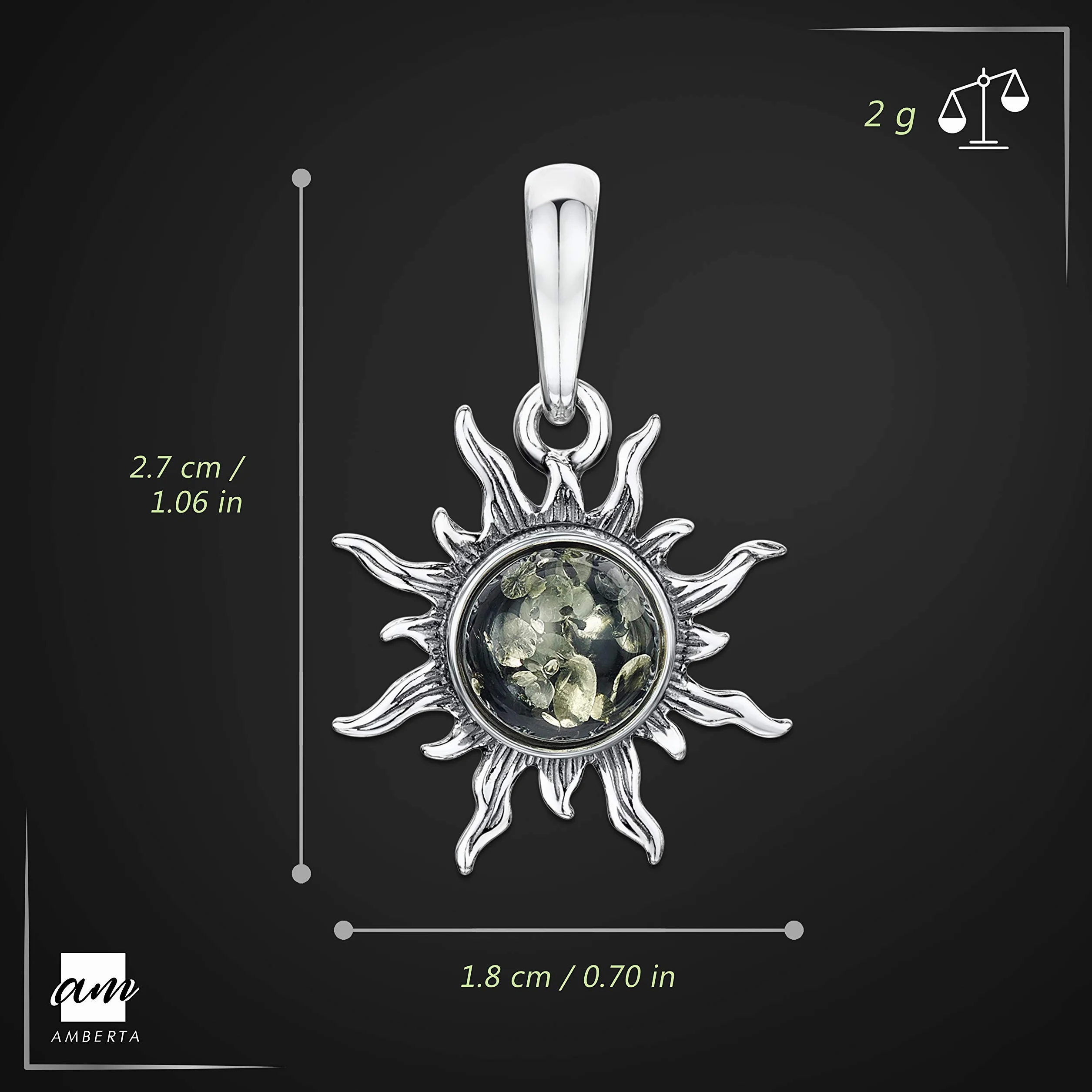 Amberta - Wisiorek z bursztynem bałtyckim, w kształcie słońca, ze srebra wysokiej próby 925, 2.7 cm, Srebro próby 925; żywica; srebro; metal, Bursztyn