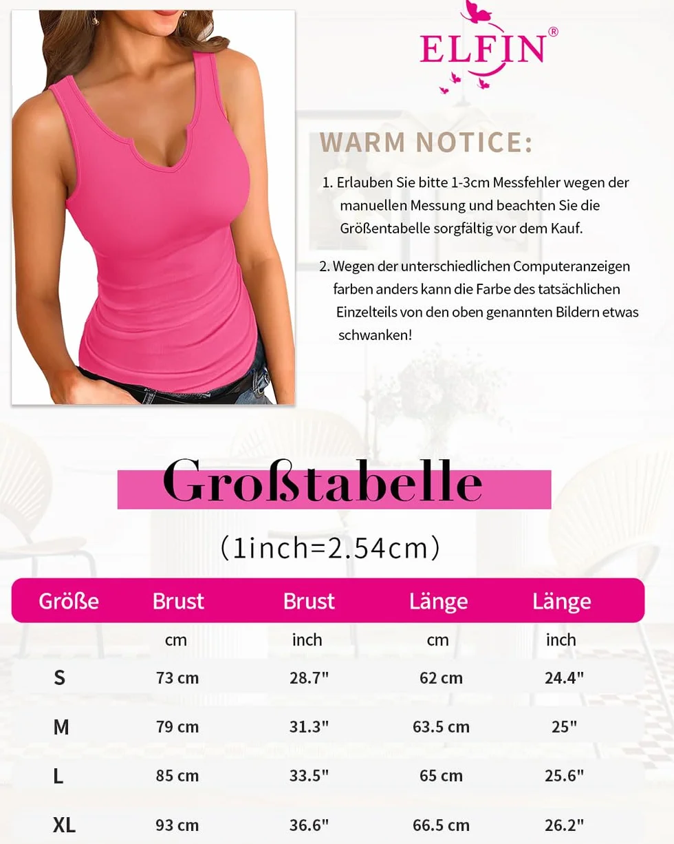 ELFIN Damski tank top bez rękawów, prążkowany, na lato, seksowny top z dekoltem w serek, krój slim fit, basic, koszulka top, prążkowana kamizelka, strecz, tank top