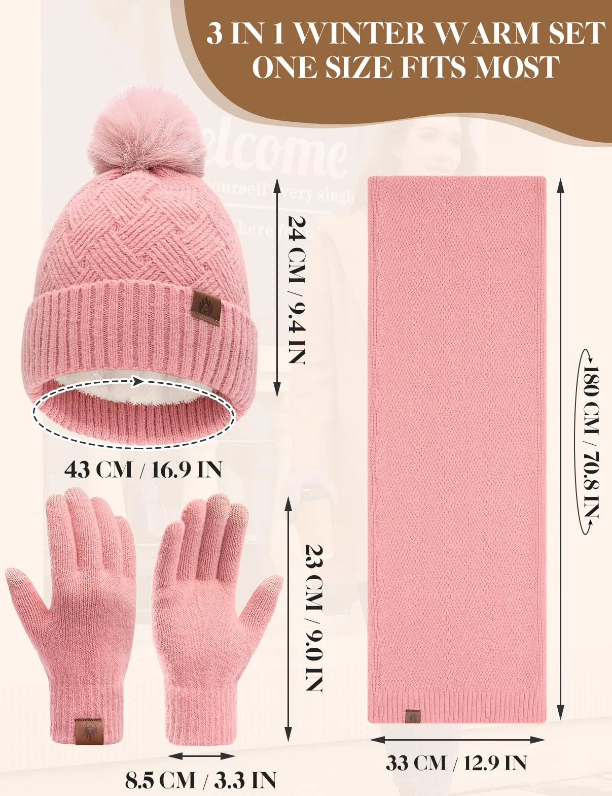Voqeen Damski szalik czapka zestaw rękawiczek zimowych, ciepły, miękki szal z dzianiny, długi, gruby polar, czapka beanie, czapka z pomponem, ekran dotykowy, zestaw upominkowy dla kobiet 3 w 1
