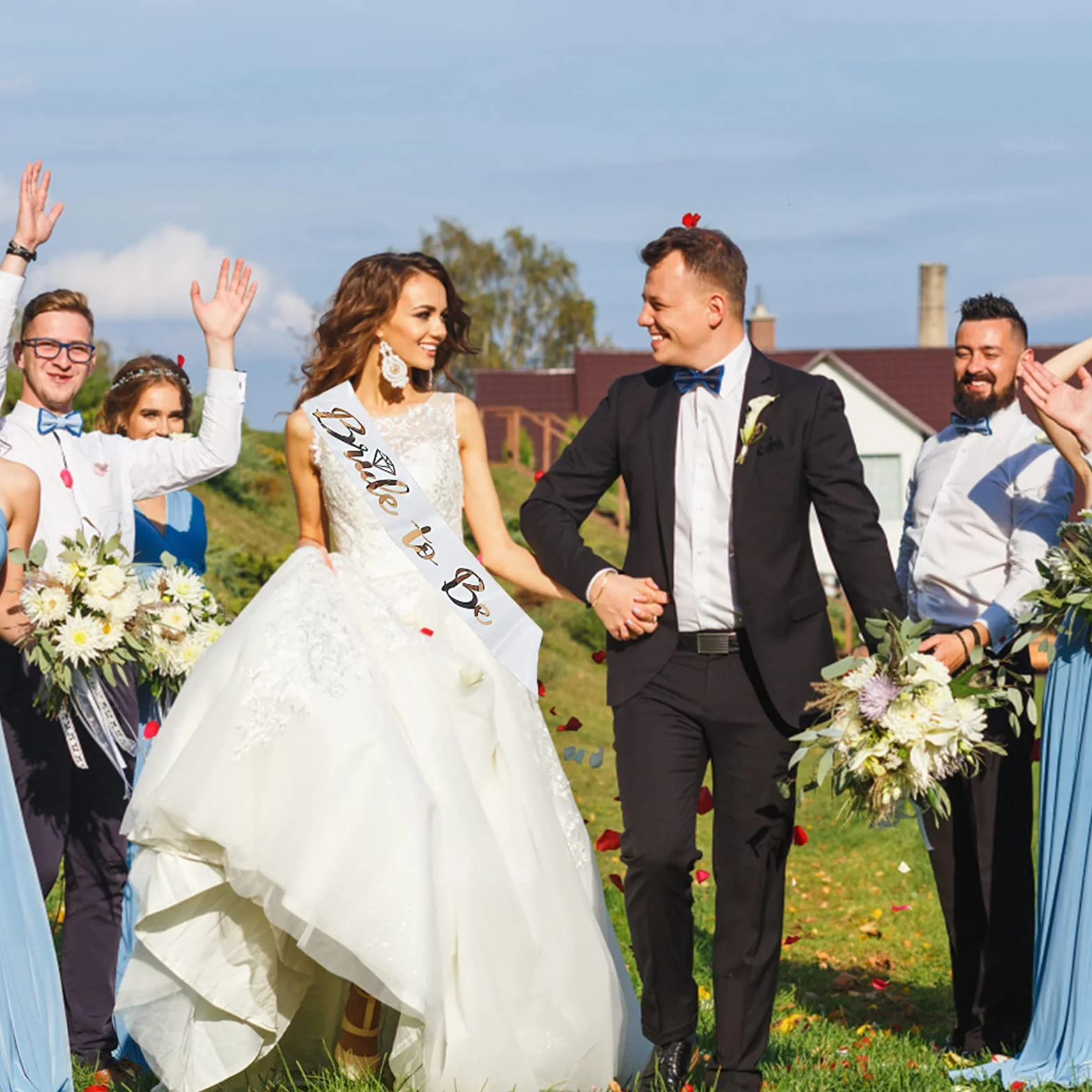 7 sztuk dekoracyjnych szarf damskich JGA, zestaw 6 szarf Team Bride + 1 szarfa dla panny młodej z błyszczącym różowym złotem, na wesele, wieczór panieński, imprezę