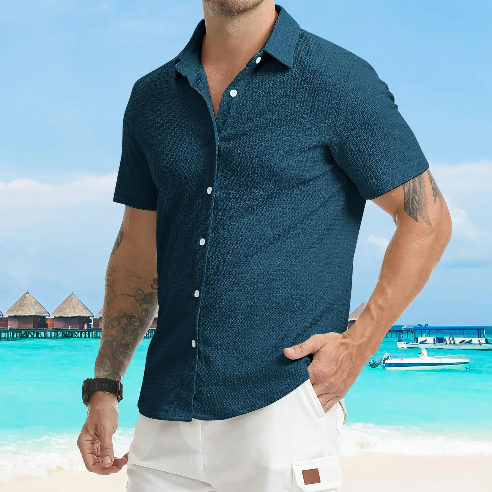 Męska koszula z krótkim rękawem na co dzień Henley letnie koszule plażowe Regular Fit