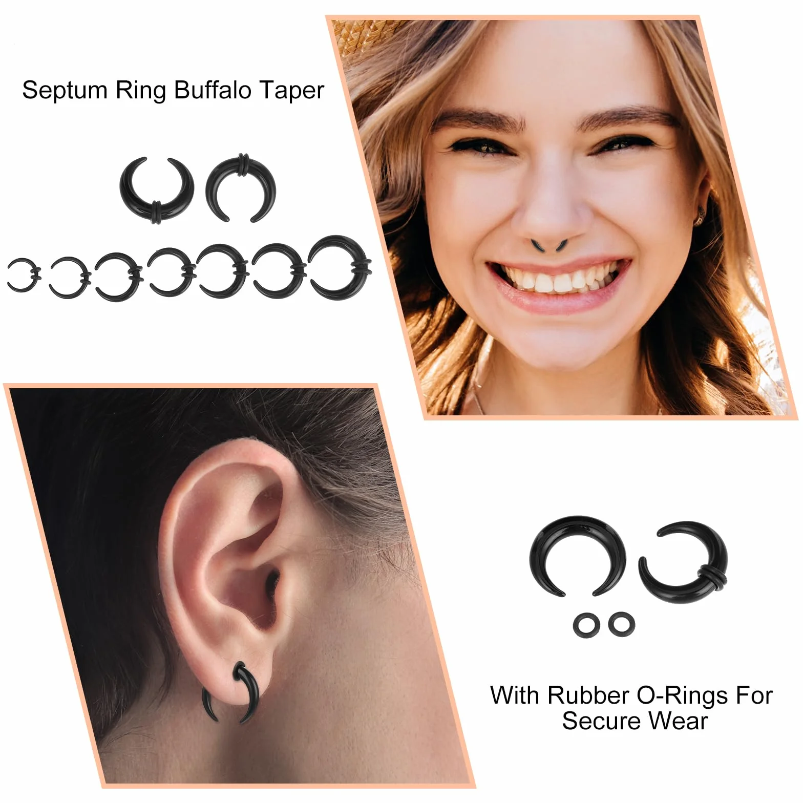 Tucnoeu Zestaw 18 kolczyków do piercingu septum, akrylowe, czarne, dla kobiet i mężczyzn, Akryl
