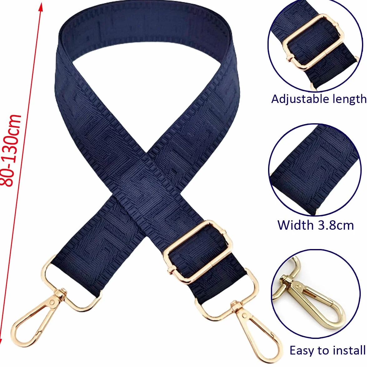 Regulowany pasek na ramię do torebki w kolorze granatowym, paski do torebek do wymiany, szeroki pasek na ramię z karabińczykiem w kolorze złotym, 80-130 cm pasek do torebki dla kobiet, torebka na