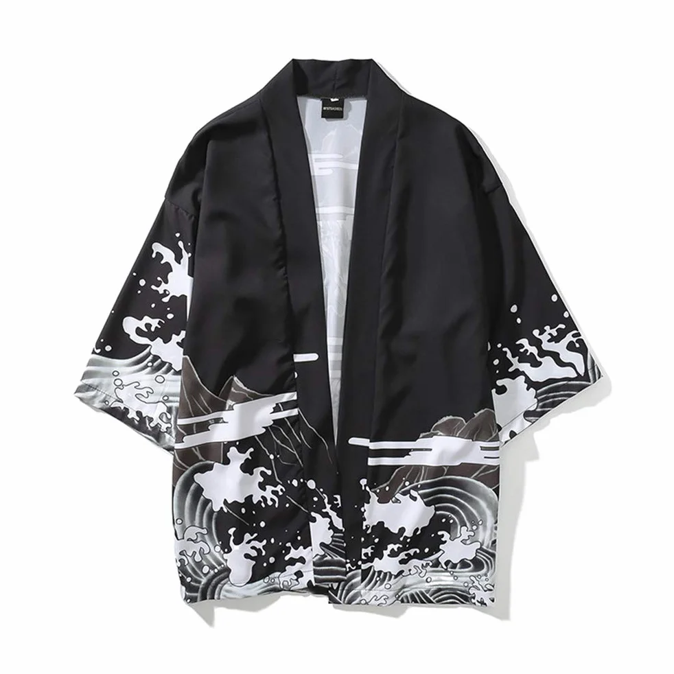 Męska kurtka kimono, neutralna retro wzorzysty wzór żurawia luźny rękaw bawełniana koszula top