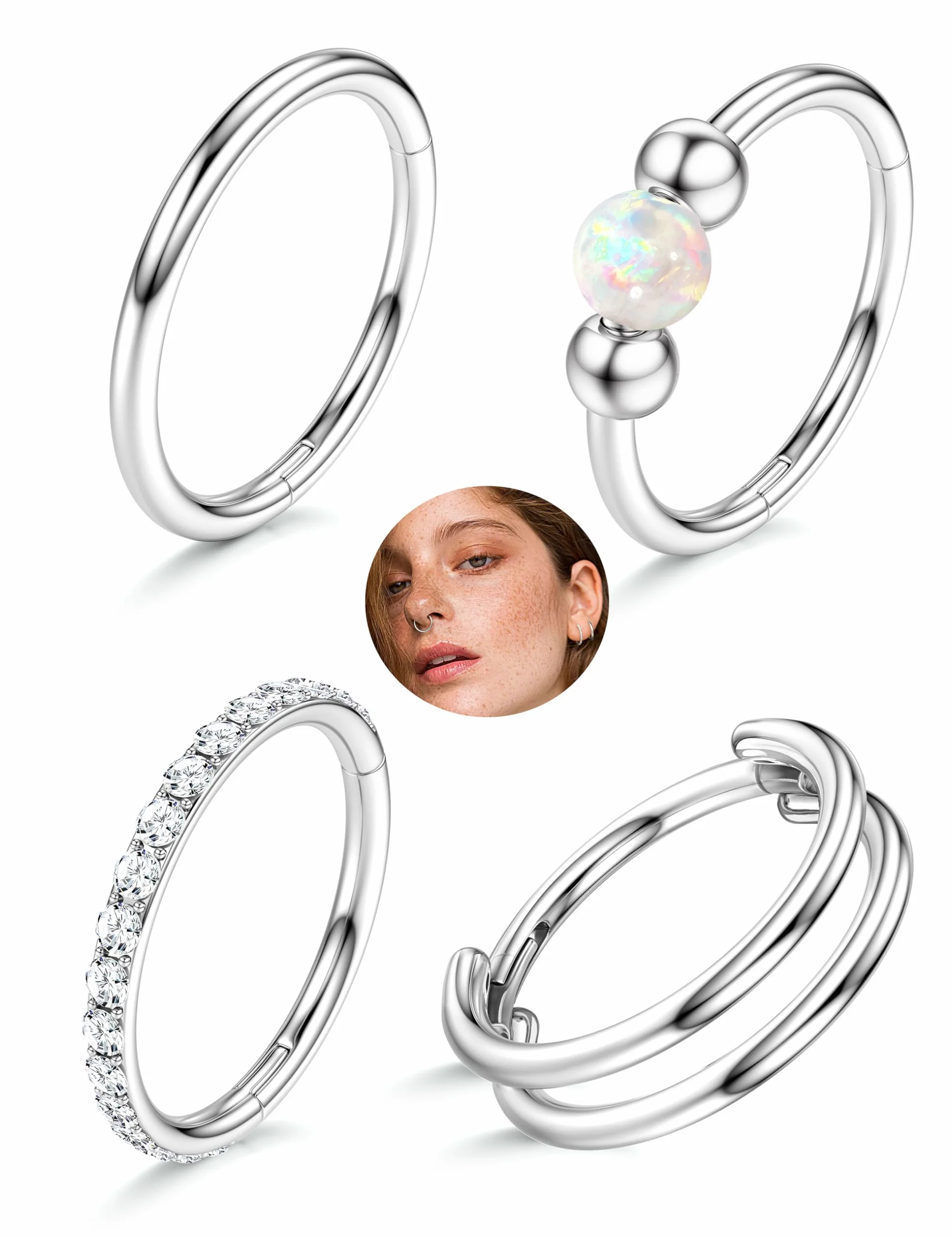 Morfetto 4 sztuki kolczyków do nosa, 16 g, 18 g, 20 g, stal chirurgiczna 316L, kolczyk do nosa, helix, conch, tragus, daith, złoto, srebro, clicker, 6 mm/8 mm/10 mm