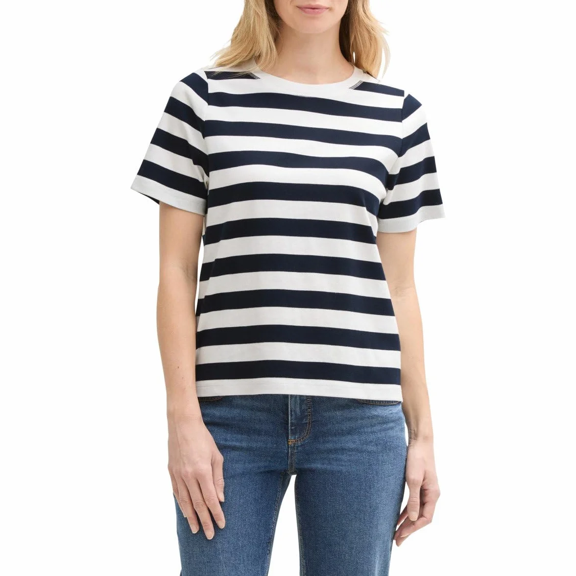 TOM TAILOR T-shirt damski, 37734 - Navy Offwhite Block Stripe, L