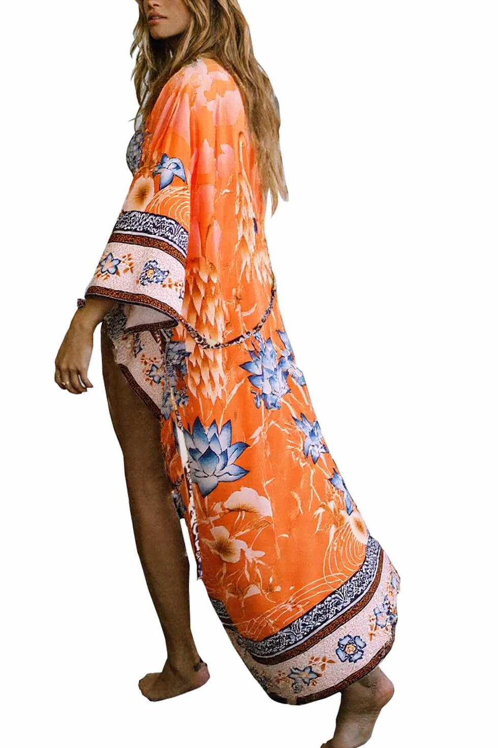 Damski bawełniany kardigan boho długie kimono plażowy strój kąpielowy okrycie sukienka plus size szlafrok