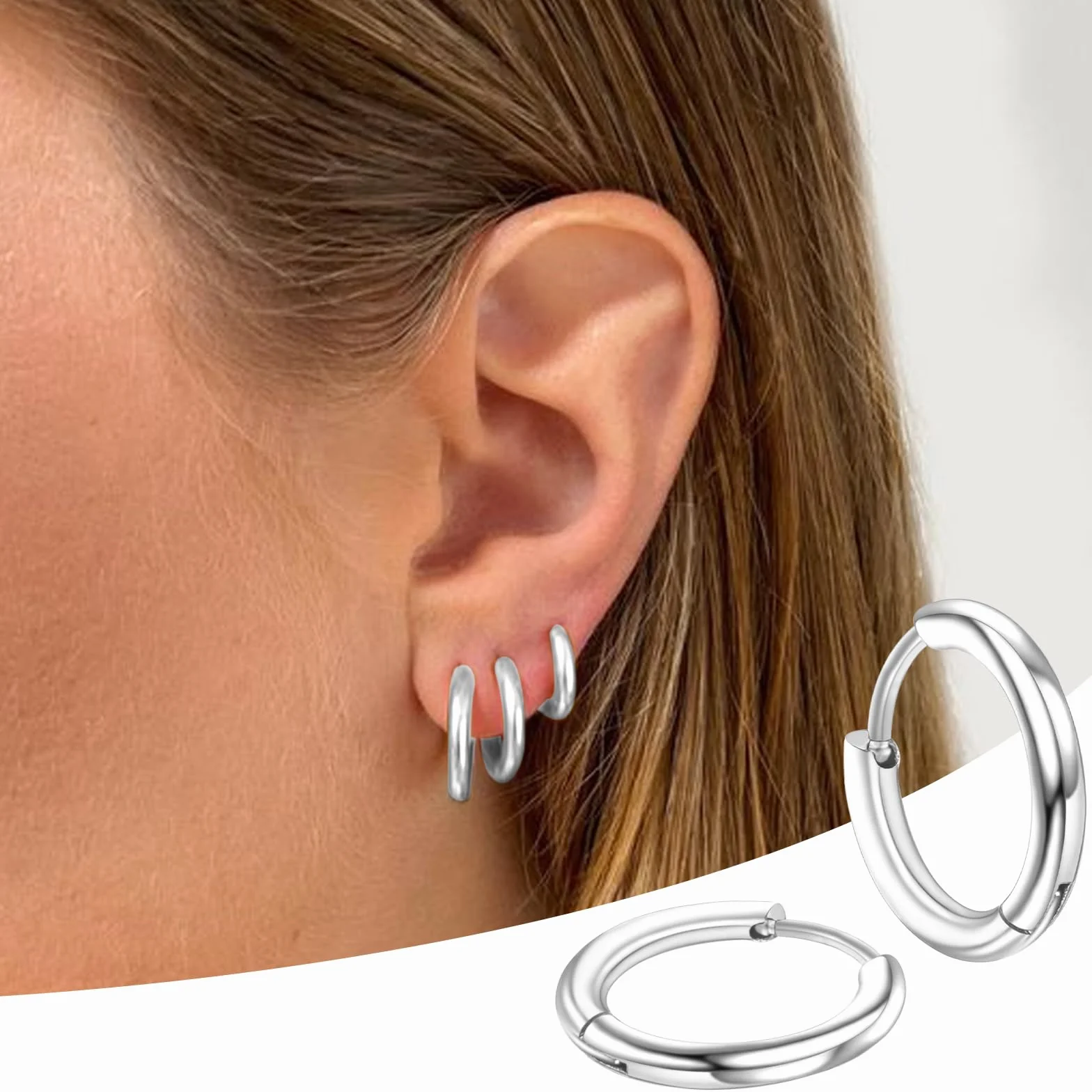 Zestaw 4 par kolczyków kółek ze stali chirurgicznej 316L dla mężczyzn i kobiet – 8 mm, 10 mm, 12 mm, 14 mm – srebrny