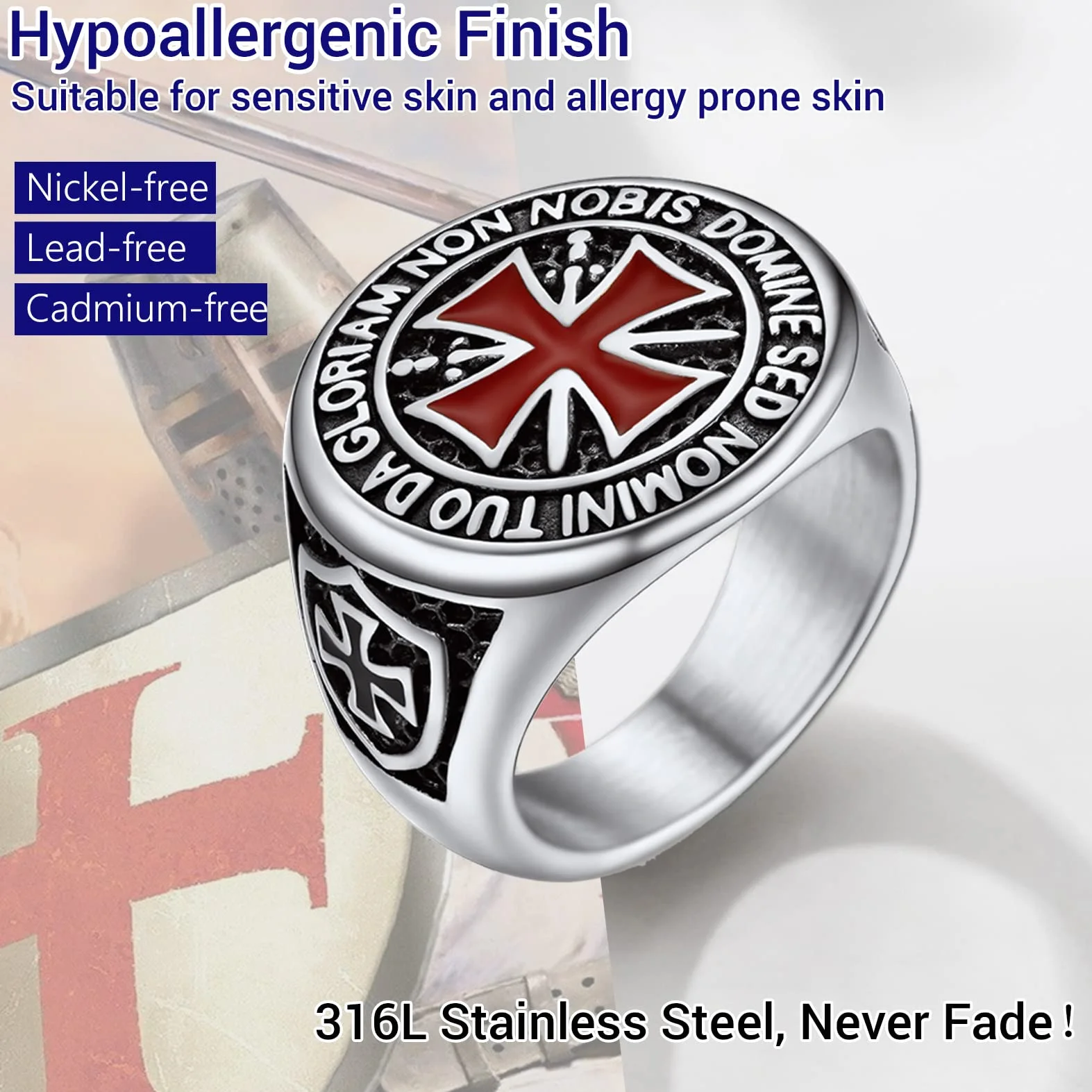PROSTEEL Mężczyźni Rycerze Templariusze Krzyż Pierścień Krzyżowiec Jerozolima Pierścionki, możliwość grawerowania, stal nierdzewna/pozłacane/czarne pudełko prezentowe