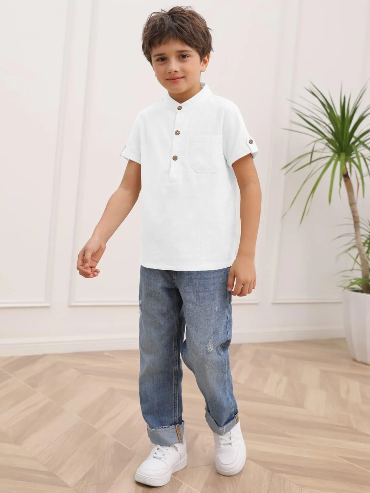 Haloumoning Chłopięca koszula z krótkim rękawem Henley Shirt Button Up bawełna topy casualowa koszula z kieszenią na piersi
