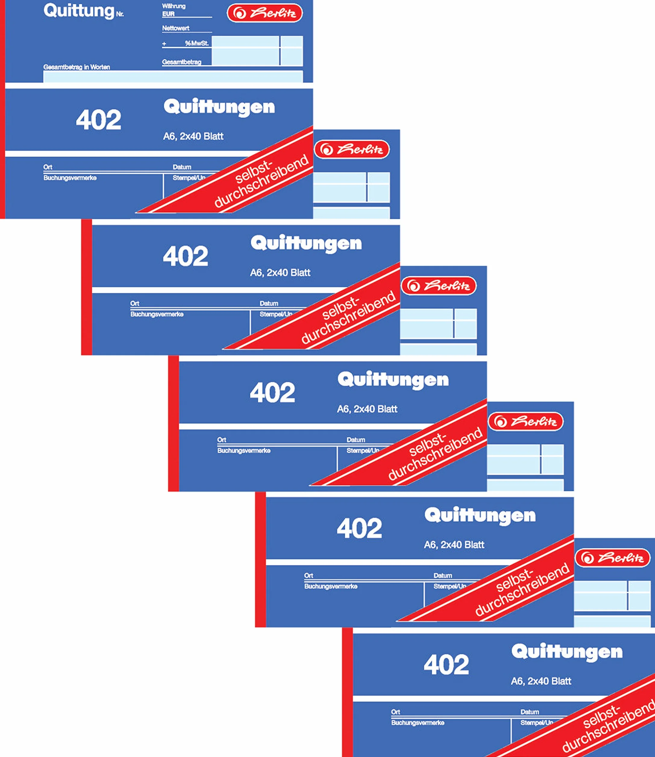 Herlitz Blok pokwitowań 402, samokopiujący, format A6 poprzeczny, 2 x 40 arkuszy (5 sztuk)