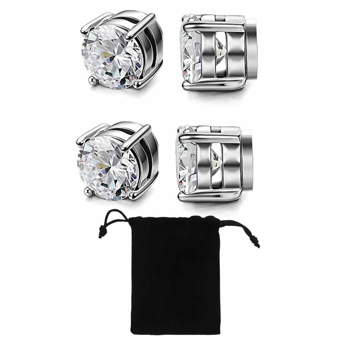 2 pary magnetycznych kolczyków ze stali nierdzewnej dla mężczyzn i kobiet unisex bez przekłuwania fałszywych magnesów zestaw kolczyków, 6/8 mm, srebrny, M, Stal nierdzewna