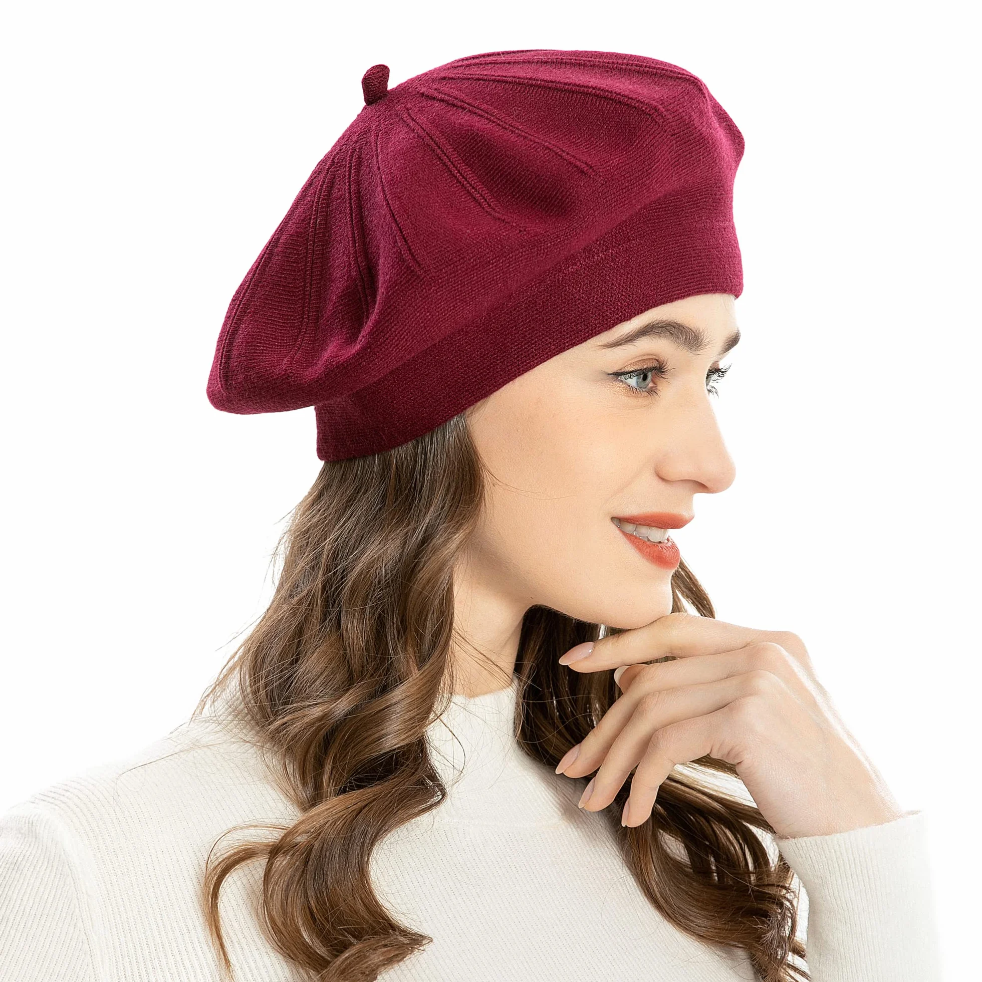 ZLYC Damski beret klasyczny, francuski, beret jednokolorowy, ciepły, burgund, jeden rozmiar