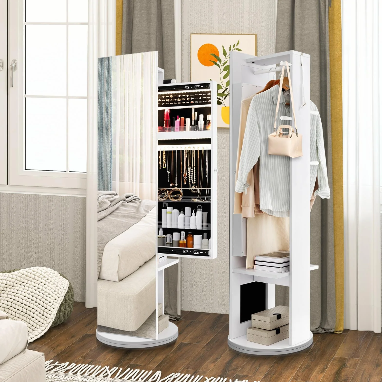 COSTWAY szafka na biżuterię z lustrem, wolnostojąca szafka z lustrem, obrotowa w 360° z diodami LED, organizer na biżuterię i kosmetyki