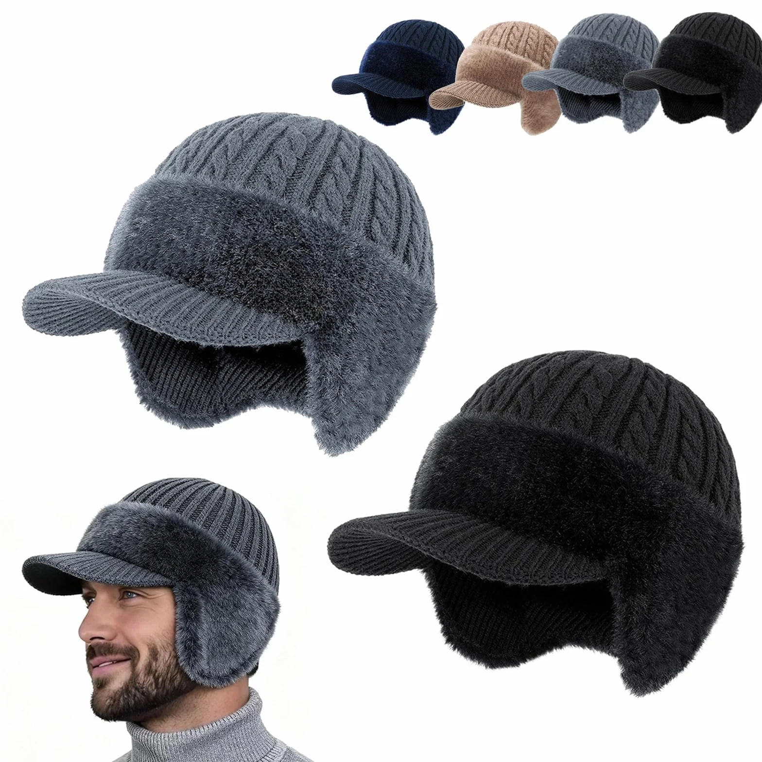 Torocky Czapka Torocky Coldshield Trapper Blocking Knitted Hats, wiatroszczelna, ciepła, dziergana czapka beanie z polaru, czapka zimowa z klapkami na uszy, prezent dla męża, ojca, mężczyzn, 2