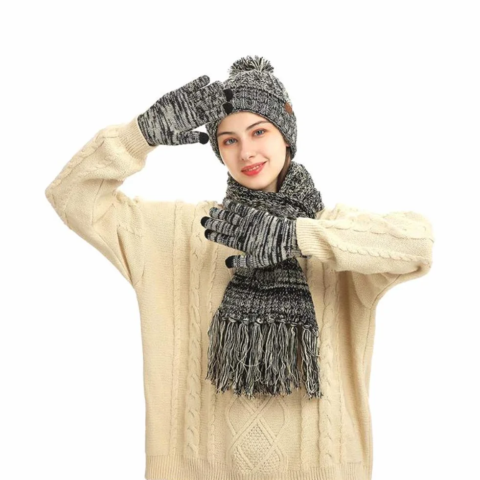 3 szt./zestaw unisex zimowa ciepła czapka beanie szalik zestaw i rękawiczki z ekranem dotykowym kobiety mężczyźni gruba elastyczna dwustronna dzianinowa czapka beanie para czapka outdoorowa narciarstwo, kemping