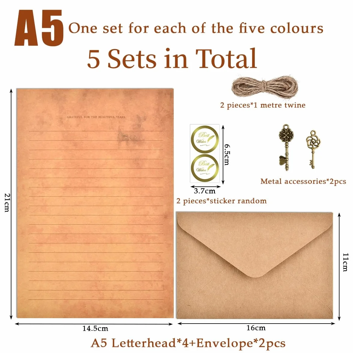 Zestaw papieru listowego i kopert w stylu vintage 60 sztuk, papier do tekstu w stylu vintage - 20 arkuszy A5 papieru w stylu vintage, 10 kopert kraft, 10 kluczy w stylu retro, 10 lin konopnych, 10