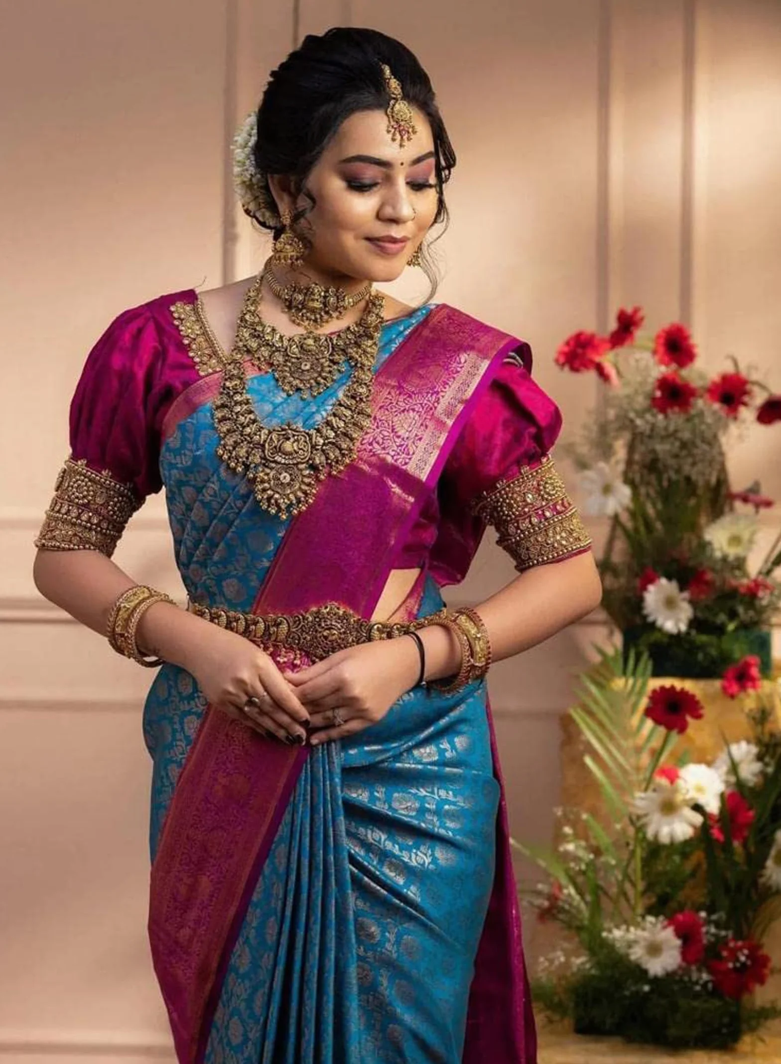 Indyjskie Sari Dla Kobiet W Stylu Kanjivaram Niebieskie Sari Banarasi Jacquard Z Nieszytą Bluzką