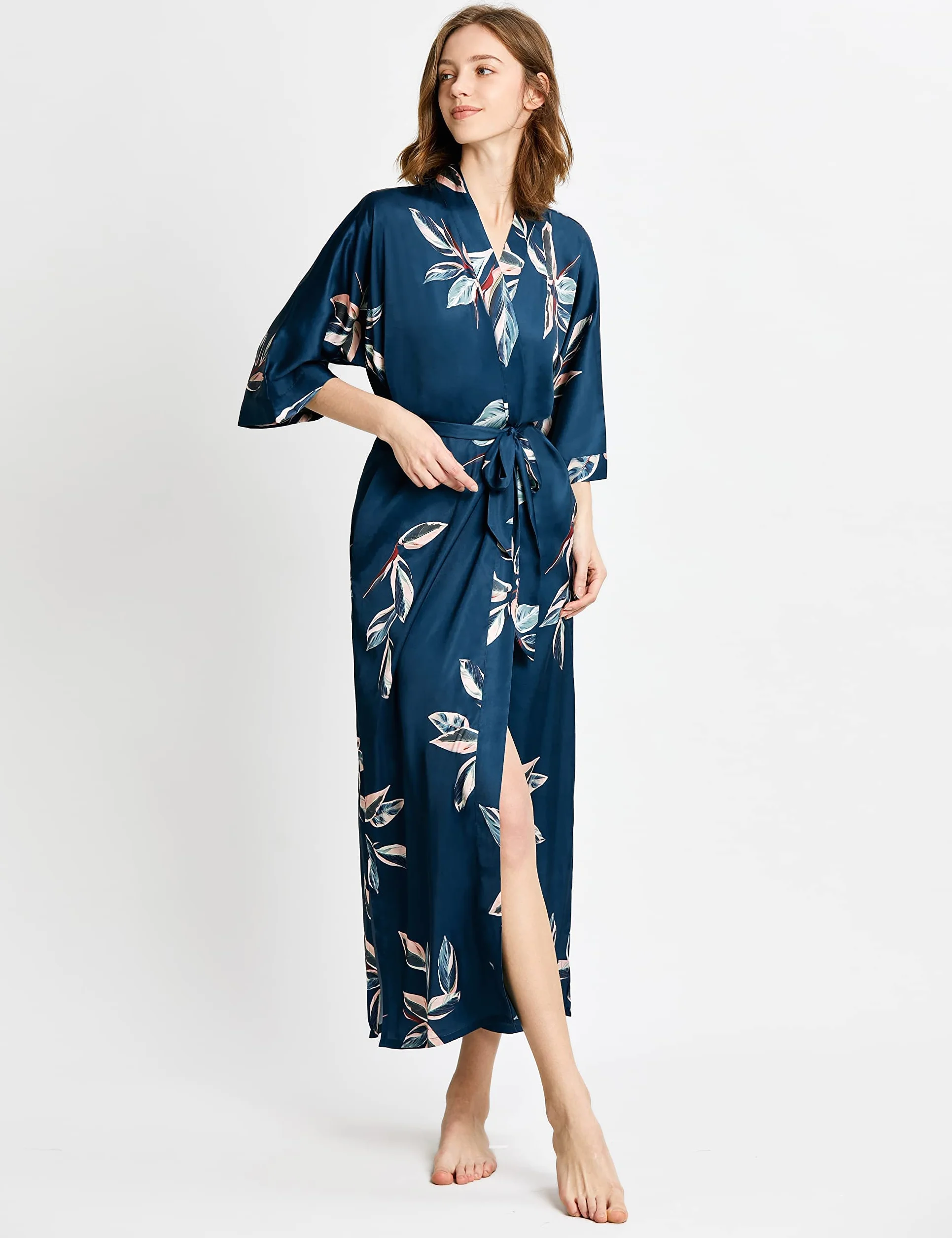BABEYOND Damski szlafrok poranny wzór liść maxi długi Robe kimono lato satynowy szlafrok damski sukienka plażowa lekki płaszcz do spania
