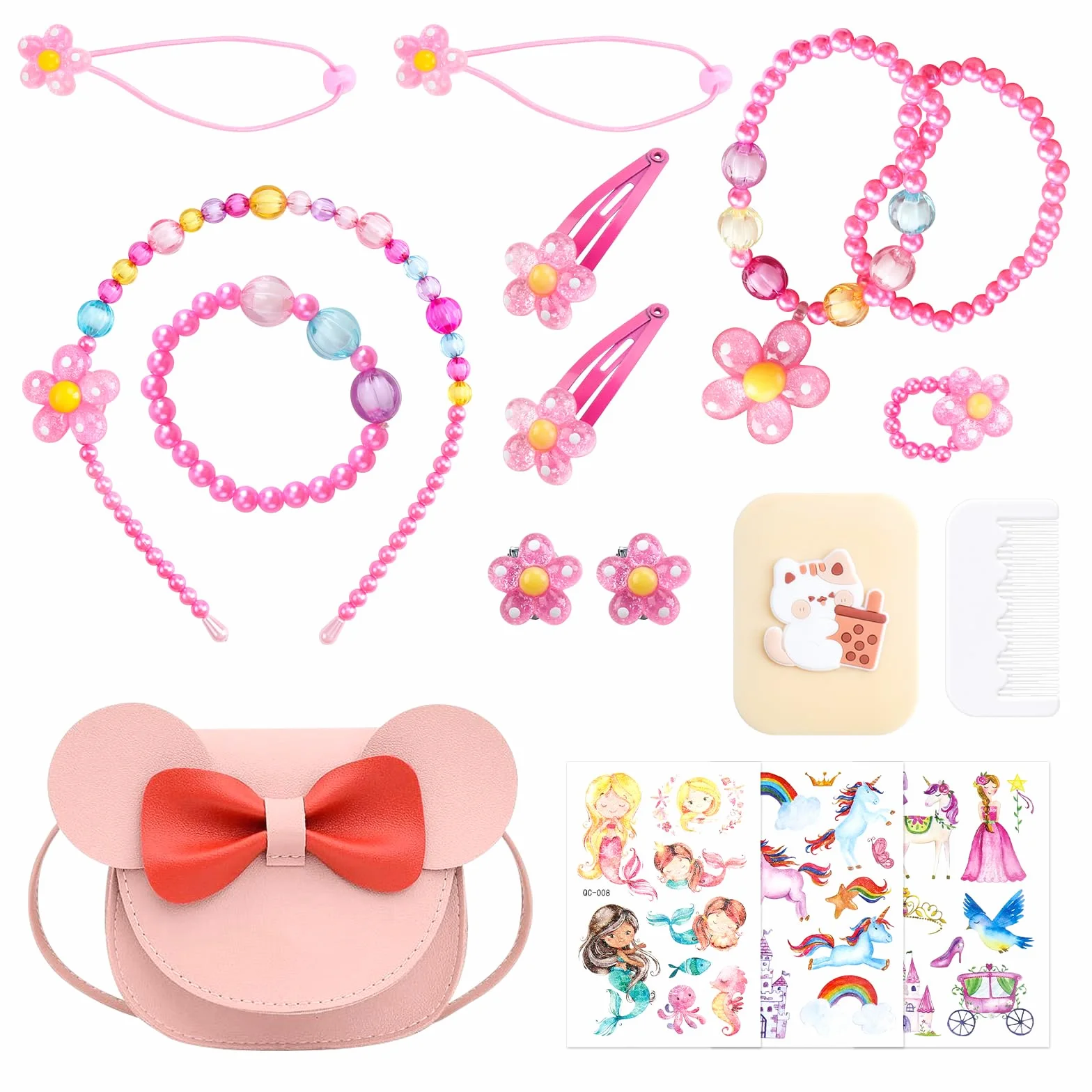 Bowknot CrossBody Bag, zestaw biżuterii dla dzieci, zestaw biżuterii dla dziewcząt, naszyjnik, bransoletka, pierścionek, kolczyki, spinka do włosów, lustro, naklejka, odgrywanie ról, prezent
