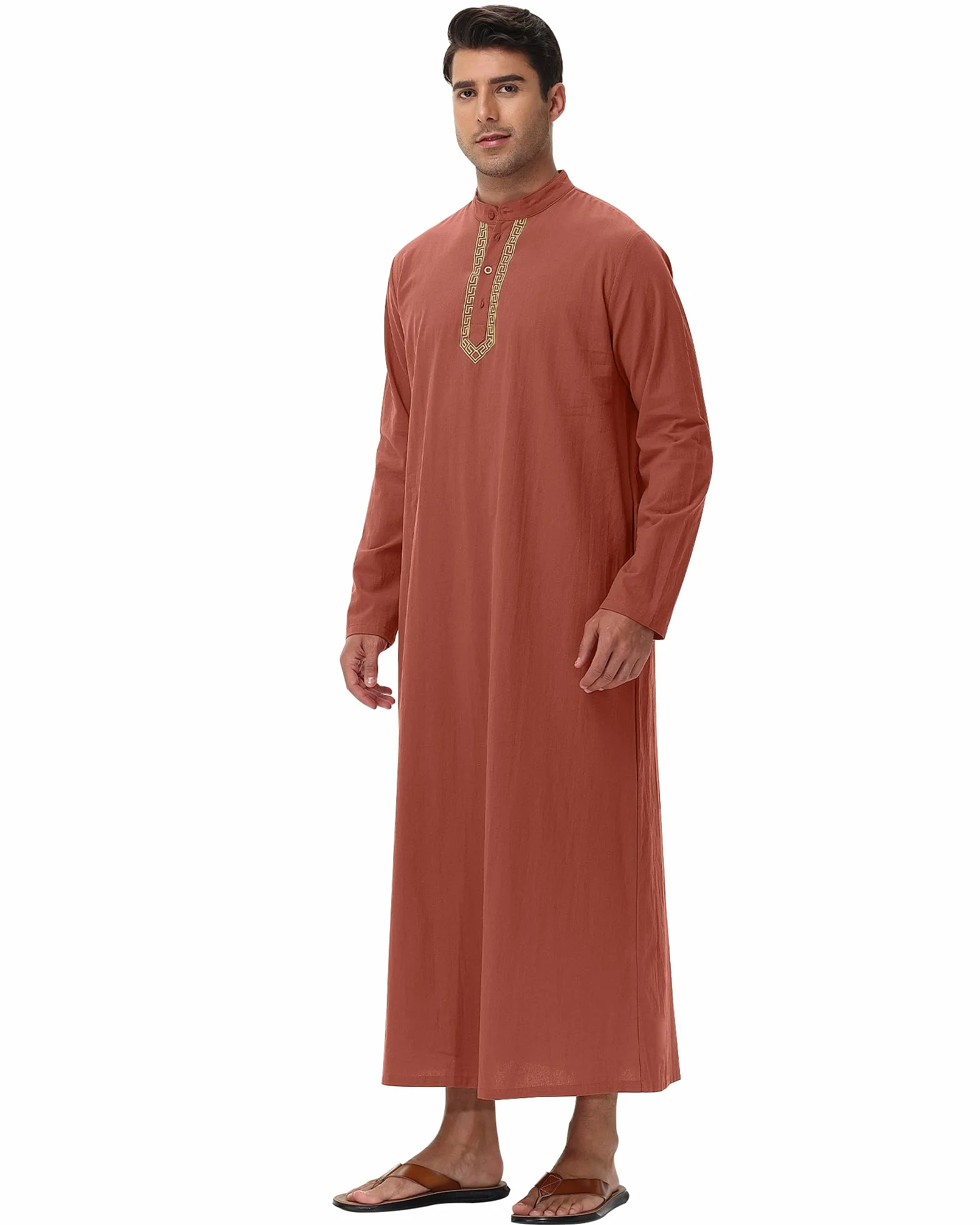 NANAMEEI Muzułmańska Qamis Męska Długi rękaw Djellaba Marokańska Abaya Caftan Sukienka z zapięciem na guziki Kołnierz Mao